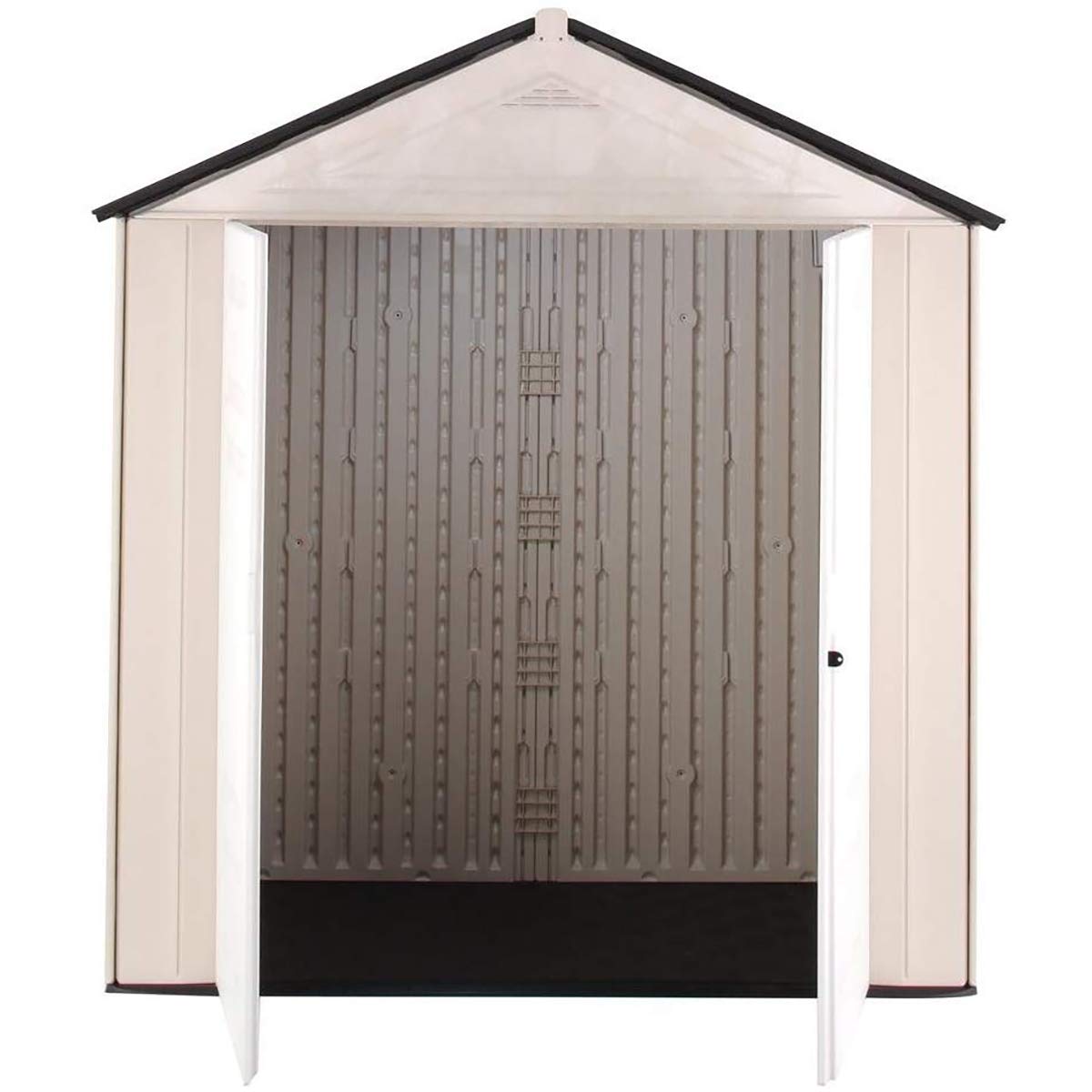 Rubbermaid Resin Outdoor Storage Shed 7x3.5 Ft with Floor - Weather-Resistant Beige & White Garden Shed for Backyard Organization - Perfect for Storing Lawn Mowers, Bikes, Pool Supplies & Gardening Tools - Ideal for Home, Yard & Patio Storage Solutions