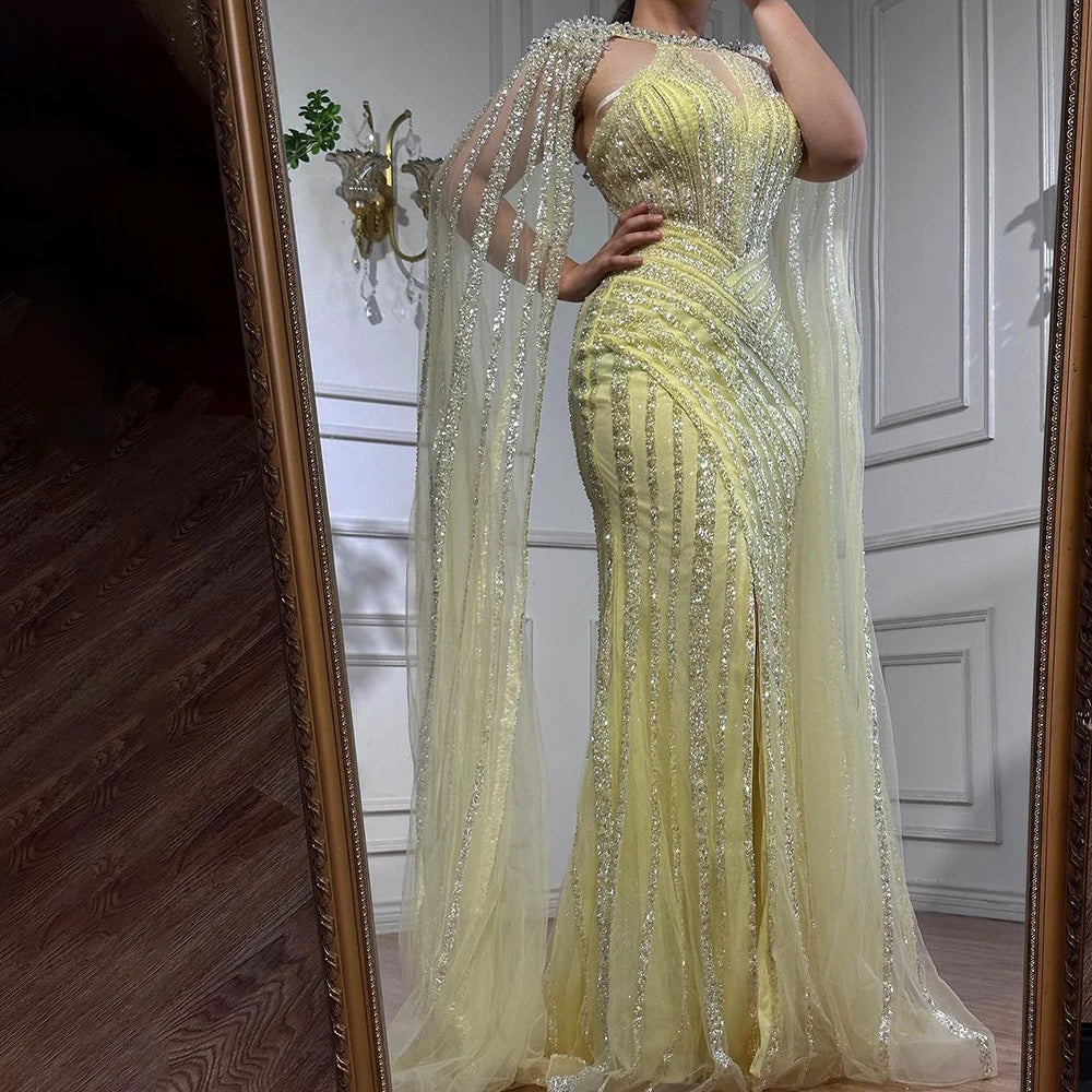Elegant Yellow Crystal Evening Gown with Cape Sleeves - LA72085 for Prom, Gala & Formal Events