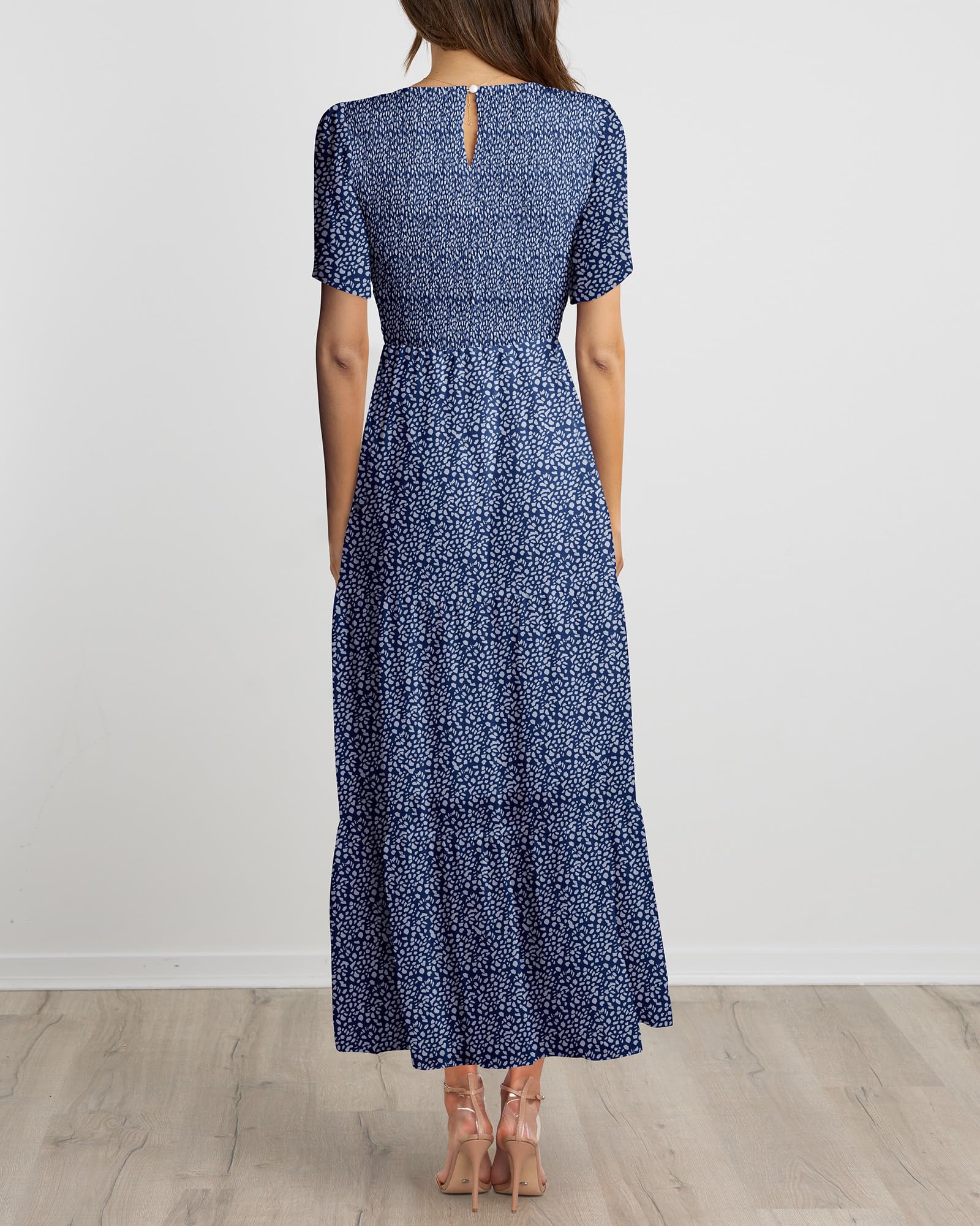 BTFBM Women's Bohemian Floral Printed Short Sleeve Maxi Dress - Casual Summer Crew Neck Tiered Flowy Cocktail Dress for Beach Vacation, Music Festival & Date Night