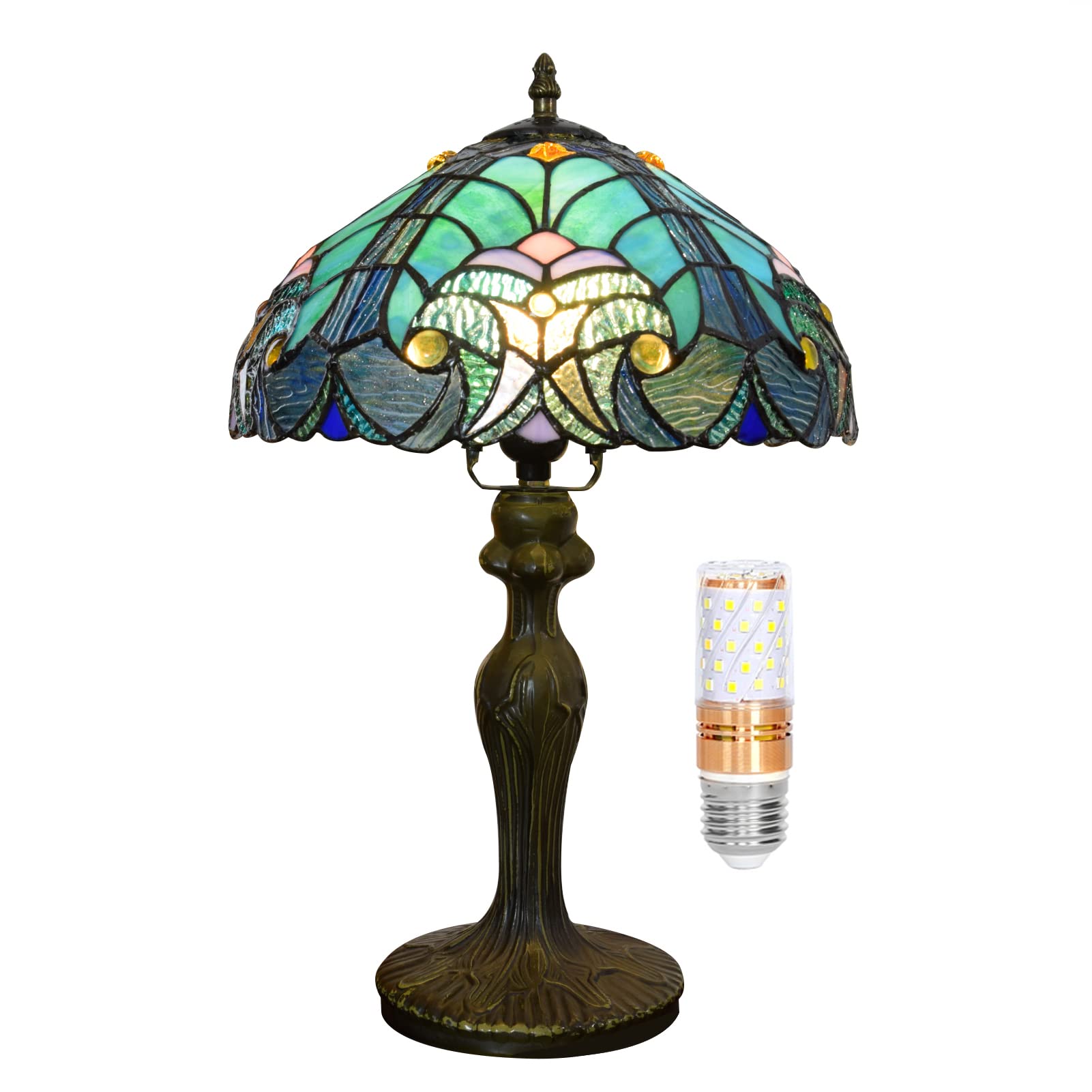 Tiffany Lamp W12H18 Inch Green Liaison Style Stained Glass Lavender Shade Antique Table Lamp - Vintage Home Decor for Living Room, Bedroom, Office & Reading Nook - Perfect Gift for Art & Craft Lovers