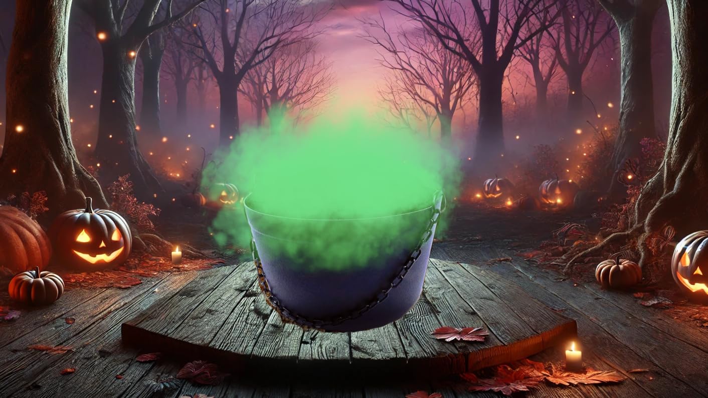 14 Inch Large Black Bubbling Cauldron with Green Fogger - Halloween Decor, Party Prop, Trick or Treat Candy Bucket - Includes Chain Handle (Multiple Color Options) - Perfect for Spooky Decorations, Haunted House Parties & Witch-Themed Events