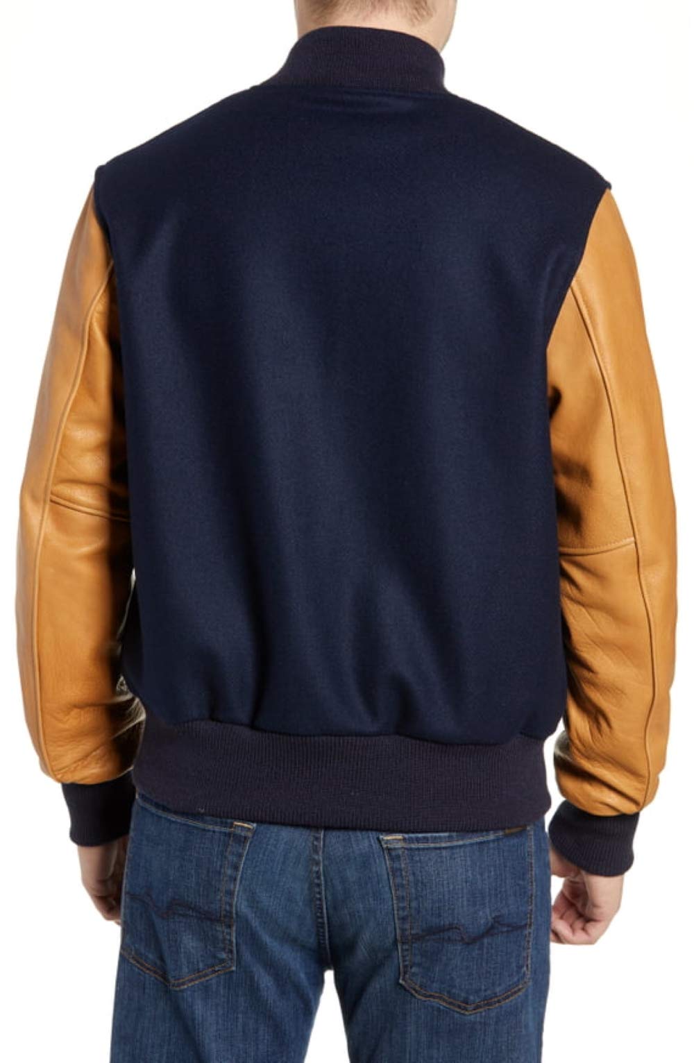 Varsity Jacket Letterman Bomber Jacket - Navy Blue Wool Body with Genuine Tan Leather Sleeves | Baseball Jacket for Men | Perfect for School, Sports & Casual Outfits