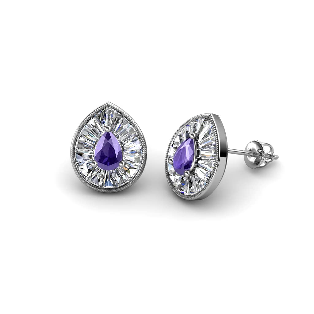 Natural Pear Cut Iolite & Diamond Halo Stud Earrings for Women - 1 1/8ctw, 14K Gold Milgrain Setting | Perfect for Weddings, Anniversaries & Special Occasions