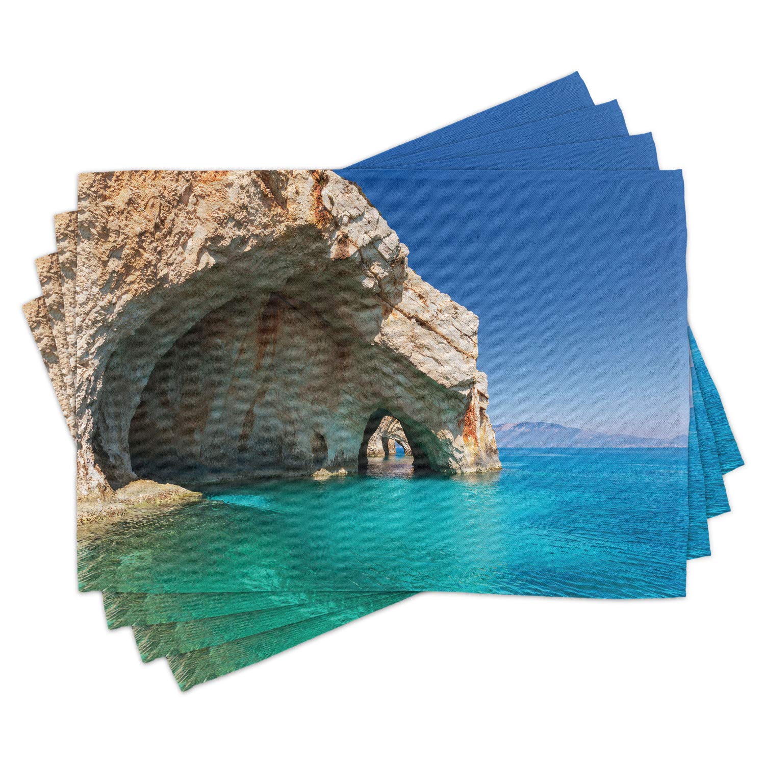 Ambesonne Greece Place Mats Set of 4 - Waterproof Washable Fabric Table Mats with Zakynthos Island Sea Cave Design for Dining Room Kitchen Decor - Perfect for Beach House, Mediterranean Theme Parties & Coastal Home Decor