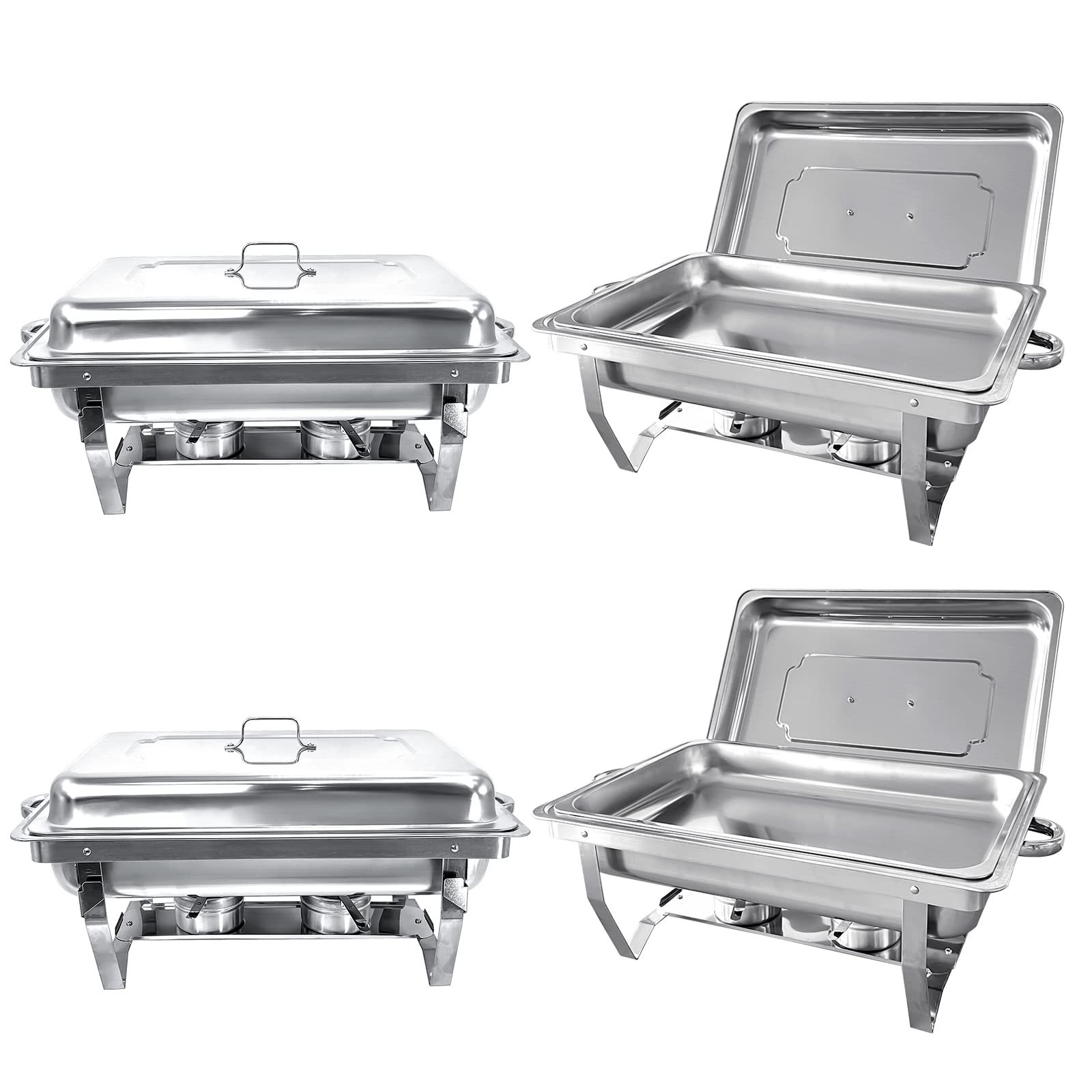 PRIJESSE Stainless Steel Chafing Dish Set - 4 Pack Rectangle Buffet Food Warmer with Lids, Bain Marie Pans & Fuel Holders for Catering, Restaurants, Weddings & Party Serving | Keep Food Warm for Hours at Events, Banquets & Buffet Lines