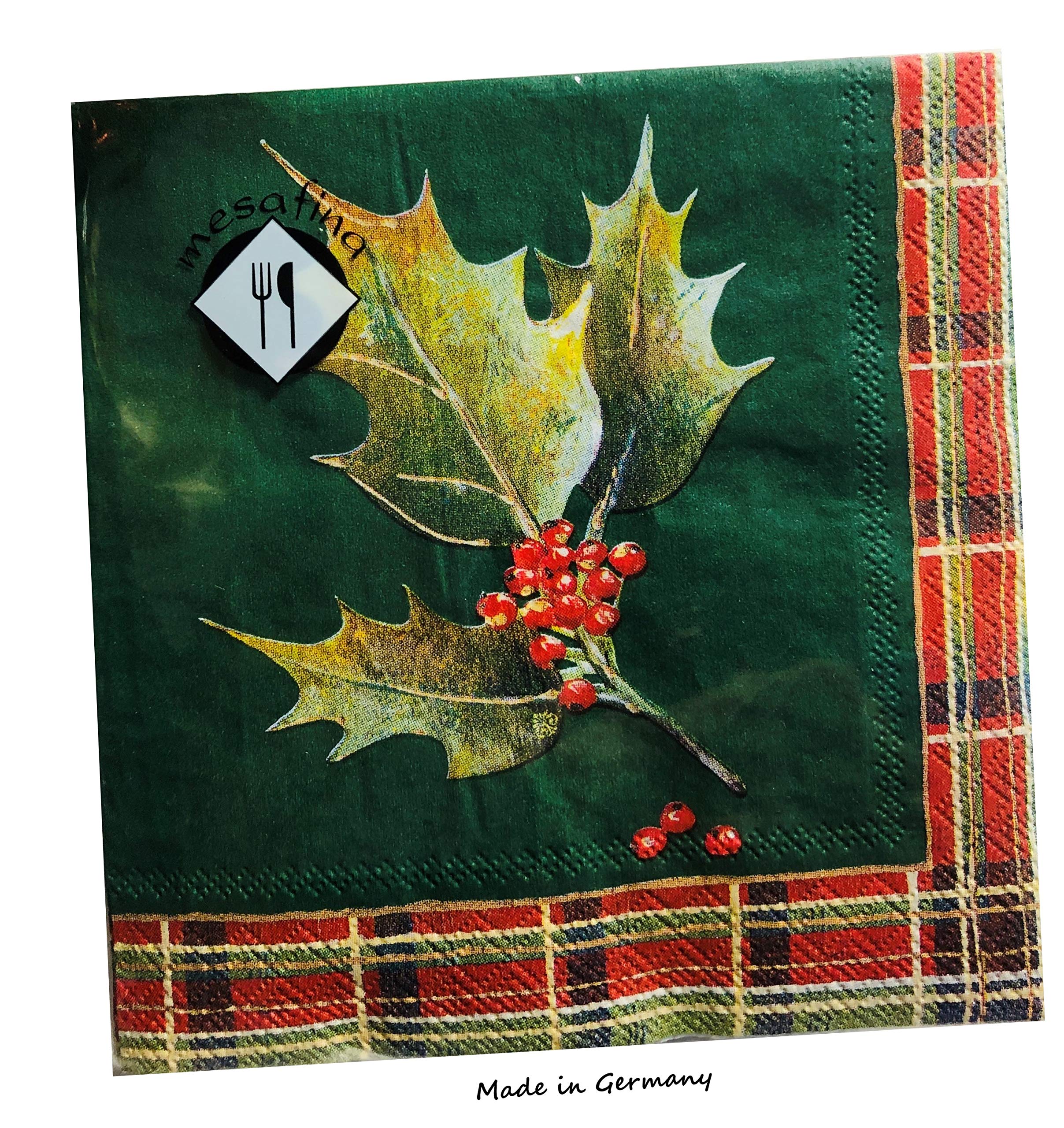 40-Count 5x5 Holly Christmas Napkins - Decorative Holiday Dinner & Cocktail Paper Napkins for Christmas Parties, Decoupage, and Beverage Service