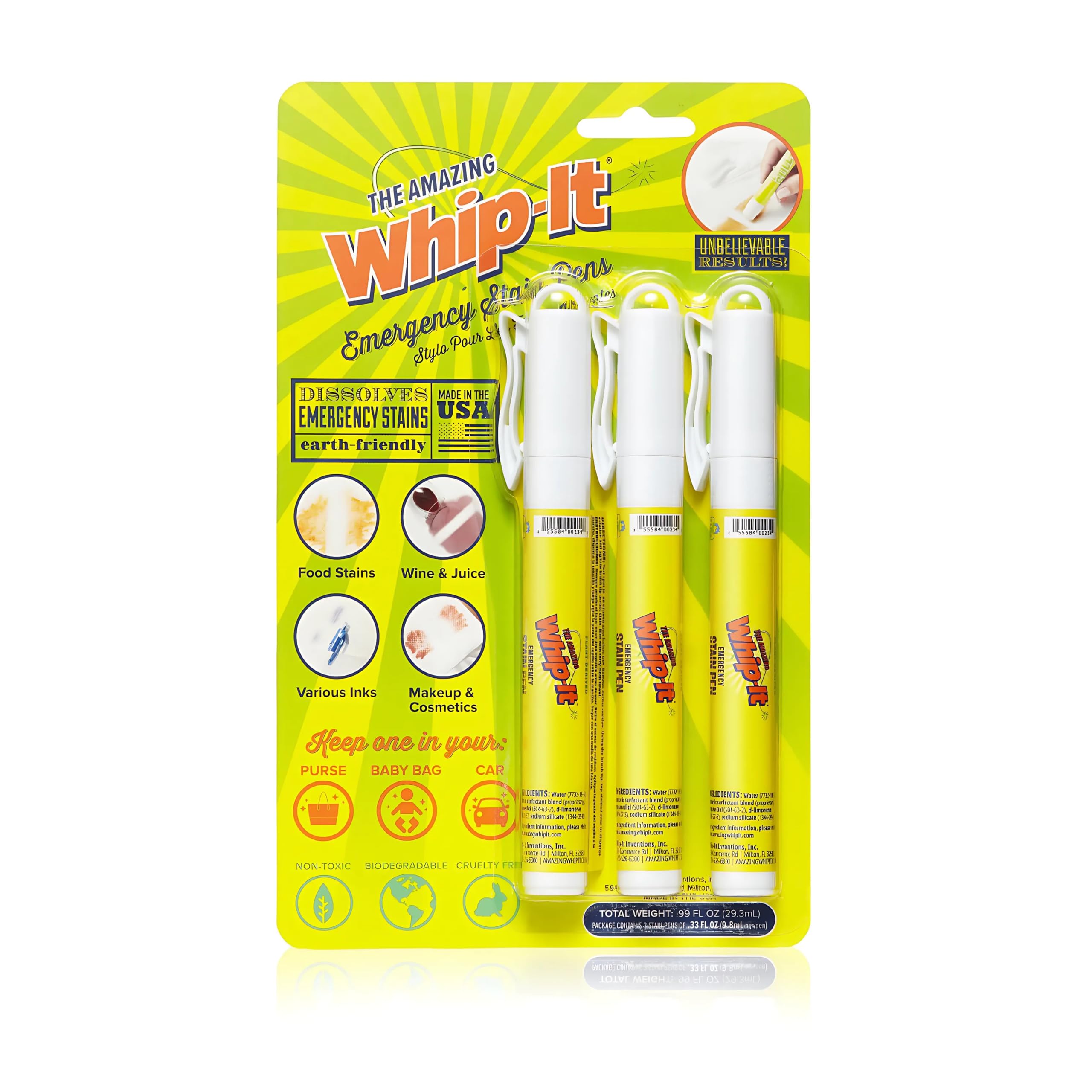 Whip-It Emergency Stain Remover Pens (3 Pack) - Fast Acting Fabric & Clothing Stain Remover for Coffee, Wine, Ink & More - Perfect for Travel, Office & Home Use