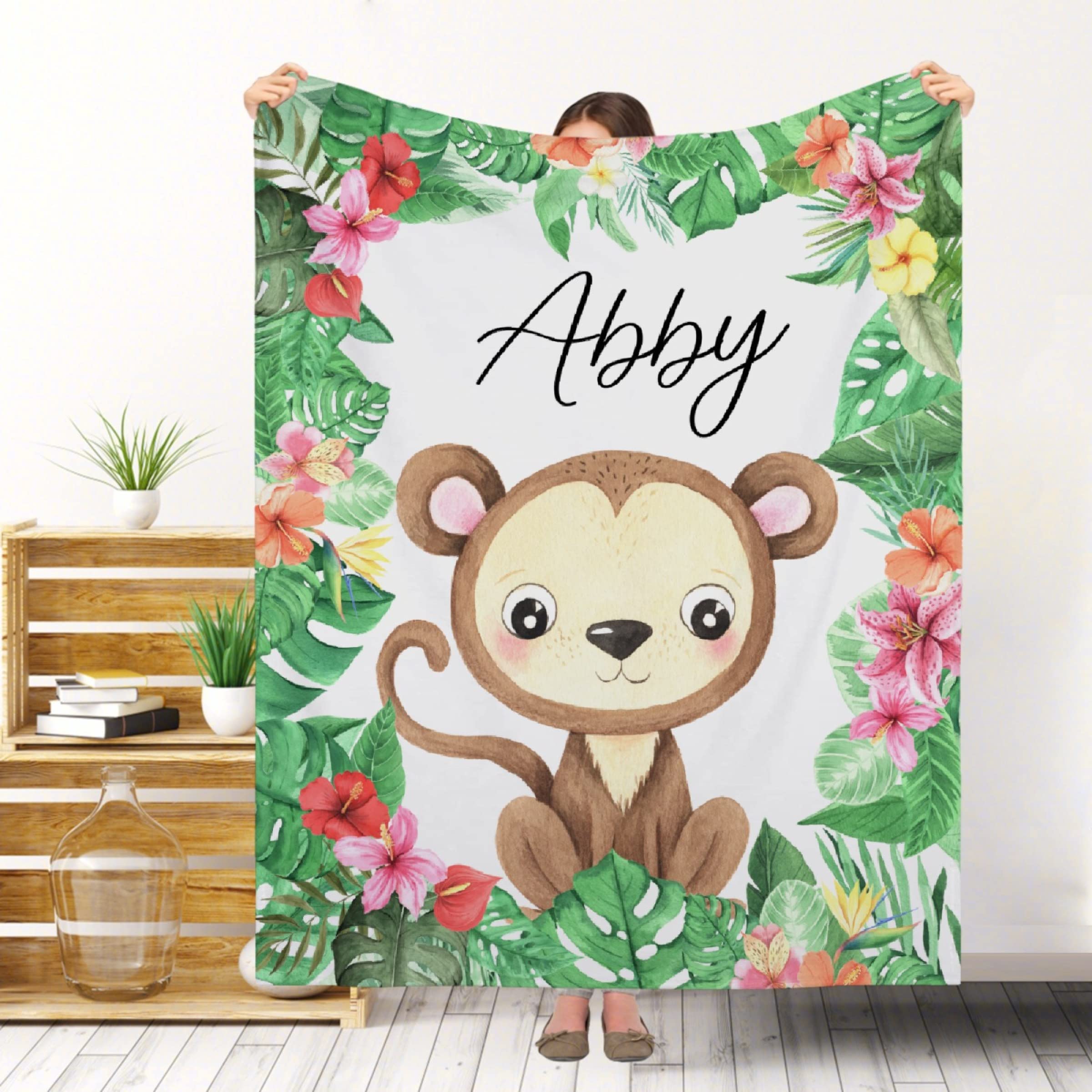 Custom Personalized Throw Blanket with Name & Text - Tropical Floral Monkey Design for Kids, Adults & Family - 90