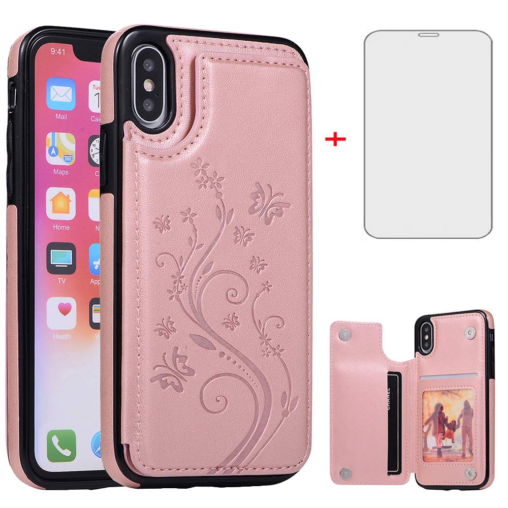 Premium Leather Wallet Phone Case for iPhone X/Xs/10 with Tempered Glass Screen Protector - Card Holder & Stand Function (Rose Gold) - Perfect for Women's Daily Use, Travel & Business Meetings