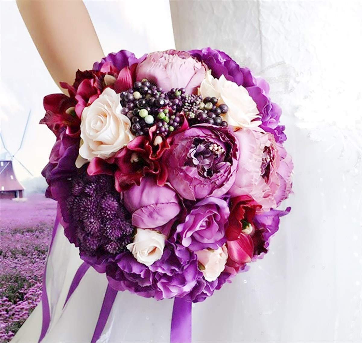 Handmade Purple Rose Peony Wedding Bouquet with Lace & Ribbon - Abbie Home Bridal Bouquet for Bride, Wedding Party & Home Decor | Perfect for Ceremonies, Photoshoots & Table Centerpieces