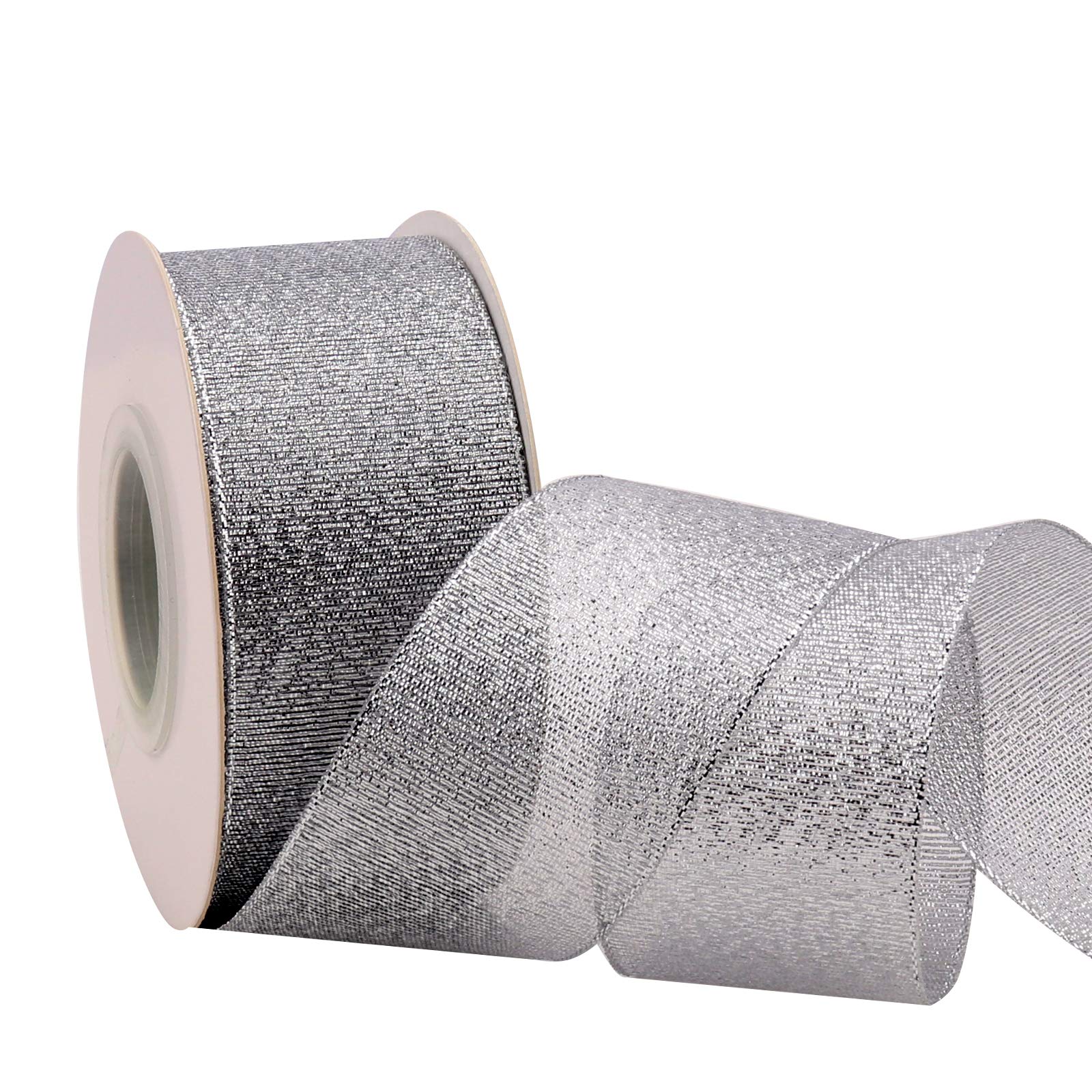 1-1/2 Inch Glitter Silver Ribbon - 25 Yards Bulk Roll for Easter Gift Wrapping, Holiday Party Decor, Wedding Bouquets, Balloon Ties, Sewing & Floral DIY Crafts - Perfect for Christmas, Birthday Presents and Home Decoration Projects