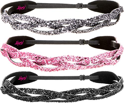 3pk Black/Light Pink/Gunmetal Braided Bling Glitter