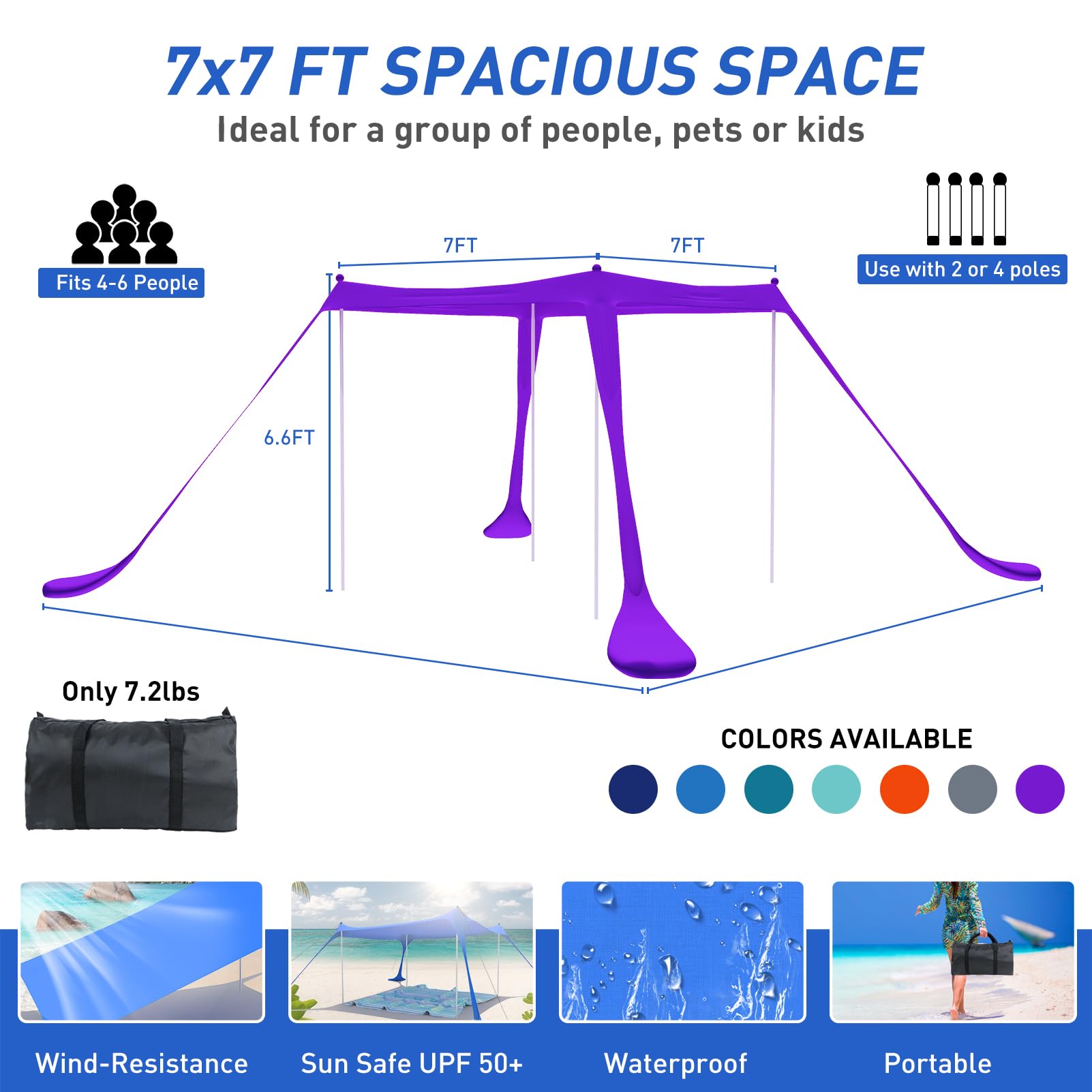 Portable Beach Tent Pop Up Sun Shelter - UPF50+ UV Protection with 4 Stability Poles, Carry Bag & Accessories | Windproof Family Canopy for Camping, Picnics & Beach Days (7×7FT, Purple)