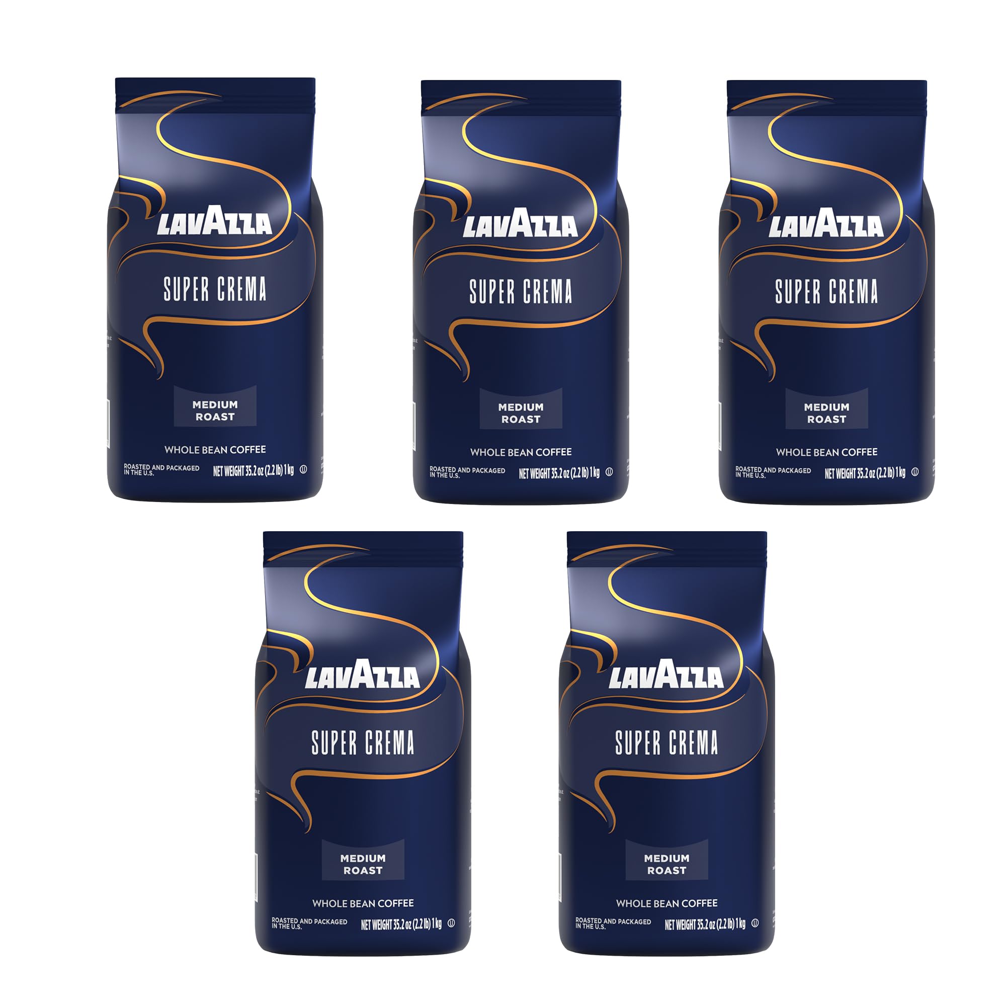Lavazza Super Crema Whole Bean Coffee - Medium Espresso Roast, Arabica & Robusta Blend, 2.2 lb Bag (Pack of 5) - Perfect for Home Brewing, Cafes & Office Coffee Stations
