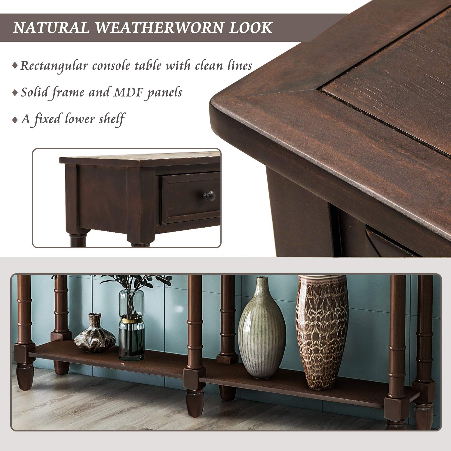 Merax Modern Console Table with 2 Storage Drawers & Bottom Shelf - Sofa Table for Living Room, Entryway, Hallway - Easy Assembly Espresso Finish - Perfect for Home Decor & Small Space Organization