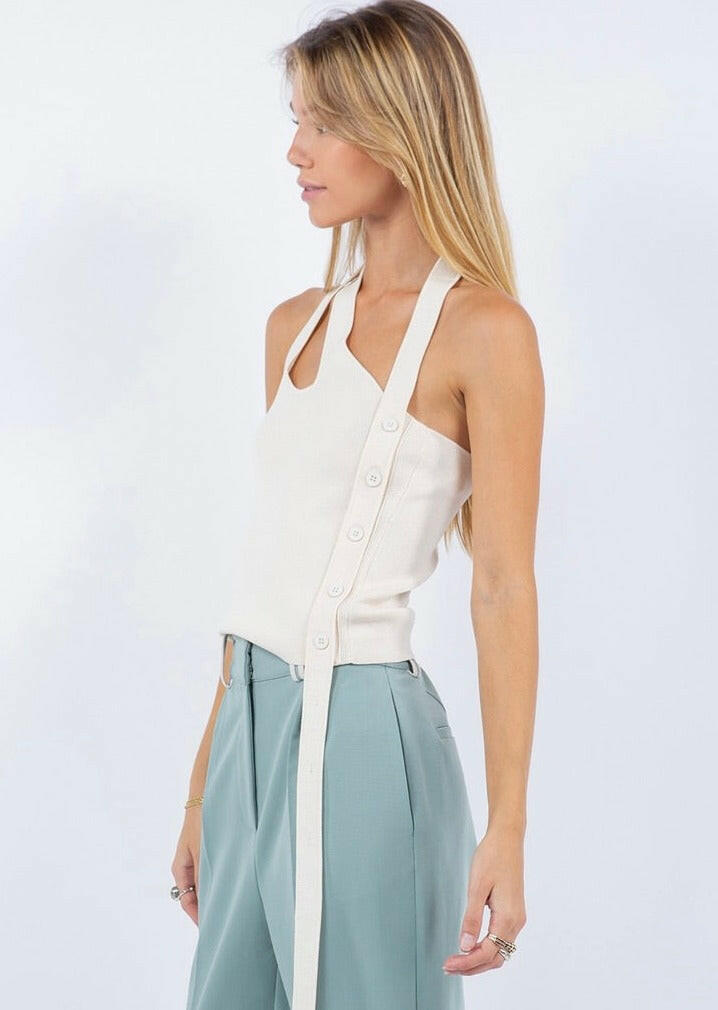 Stylish Asymmetrical Beige Tank Top with Side Button Detail - Perfect for Casual Outings, Summer Fashion & Layering
