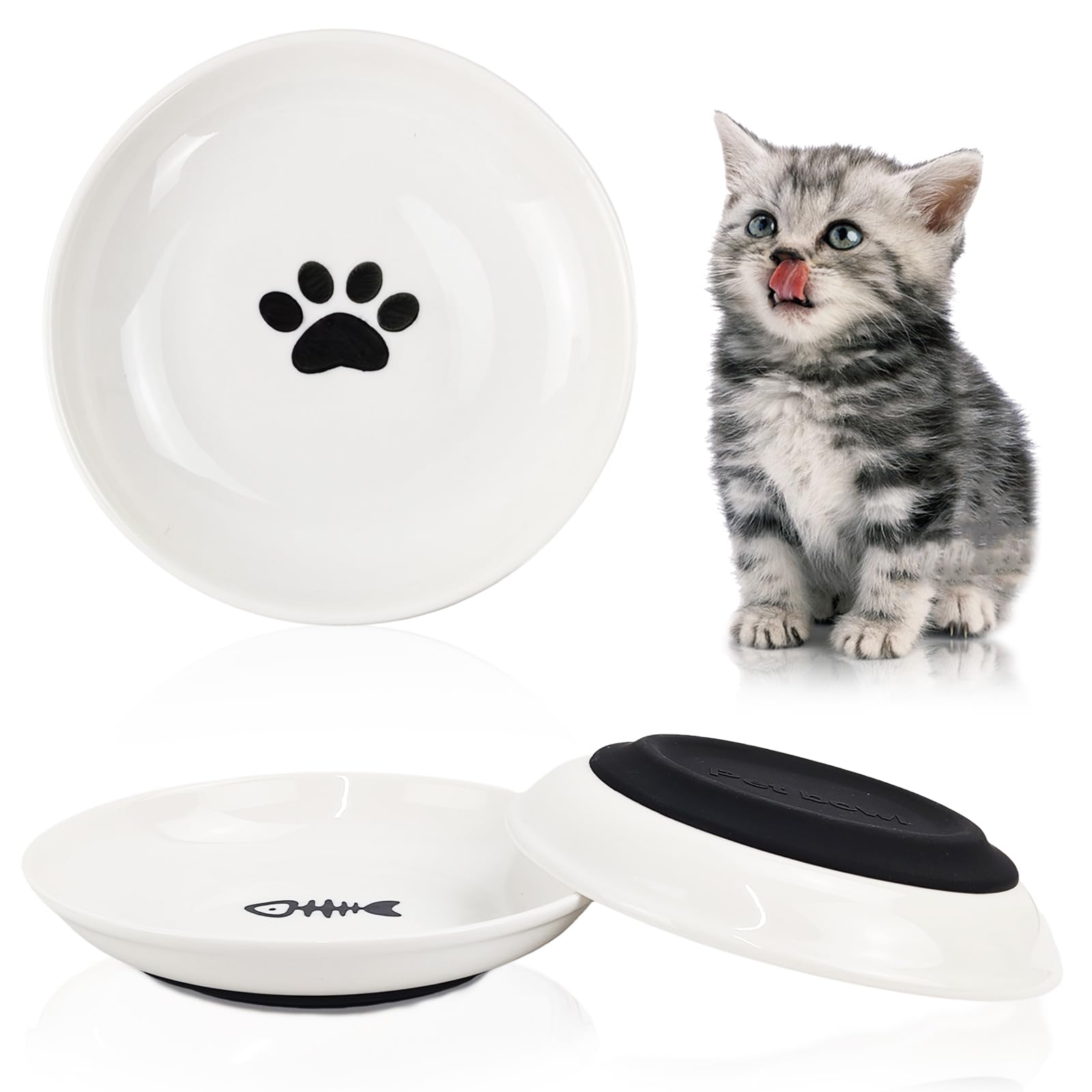 3Pcs Ceramic Cat Food Bowls with Non-Slip Silicone Base - Anti Whisker Fatigue Shallow Dishes for Dry & Wet Food - Perfect for Indoor Cats & Kittens - Ideal for Mealtime Comfort and Easy Cleaning