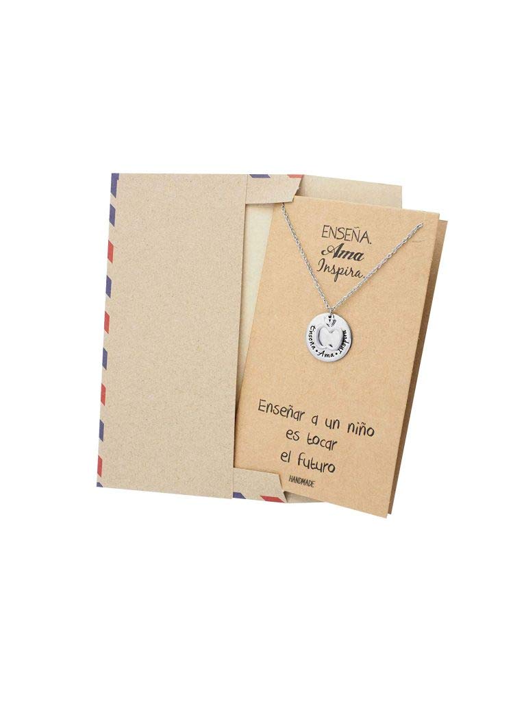 Quan Jewelry - Spanish Apple Pendant Necklace with 'Enseña Ama Inspira' Engraving, Latin Teacher Gift Set with Greeting Card - Perfect for Teacher Appreciation Week, Graduation Gifts & Hispanic Heritage Month Celebrations