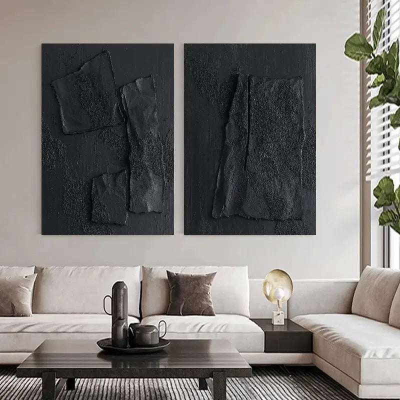 Minimalist Black Plaster Art Textured Paintings - Set of 2 Modern Abstract Wall Decor #MZ026 - Perfect for Living Room, Bedroom & Office Decor