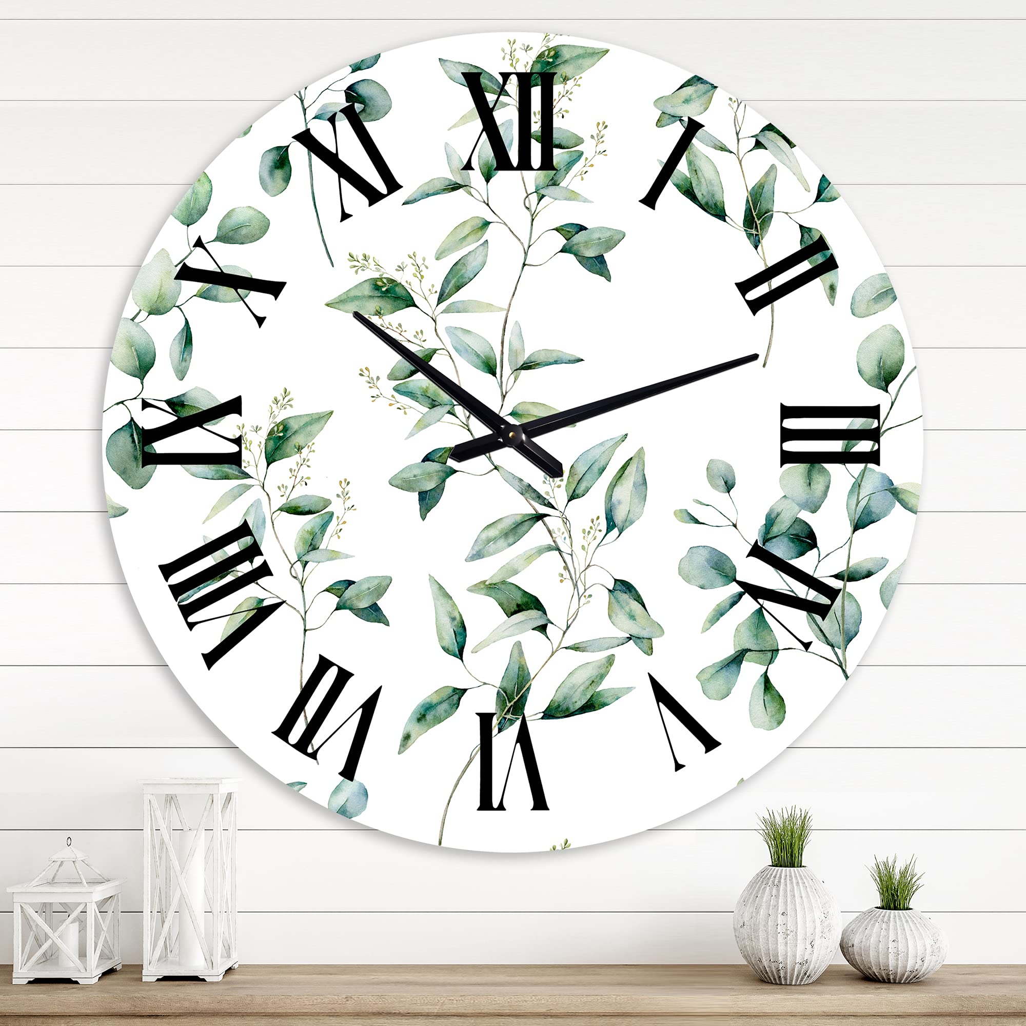 DesignQ Traditional Wall Clock 'Green Eucalyptus Branches IV' - Large Floral & Botanical Wall Clock for Bedroom, Living Room, Office Decor | Silent Non-Ticking Modern Home Décor