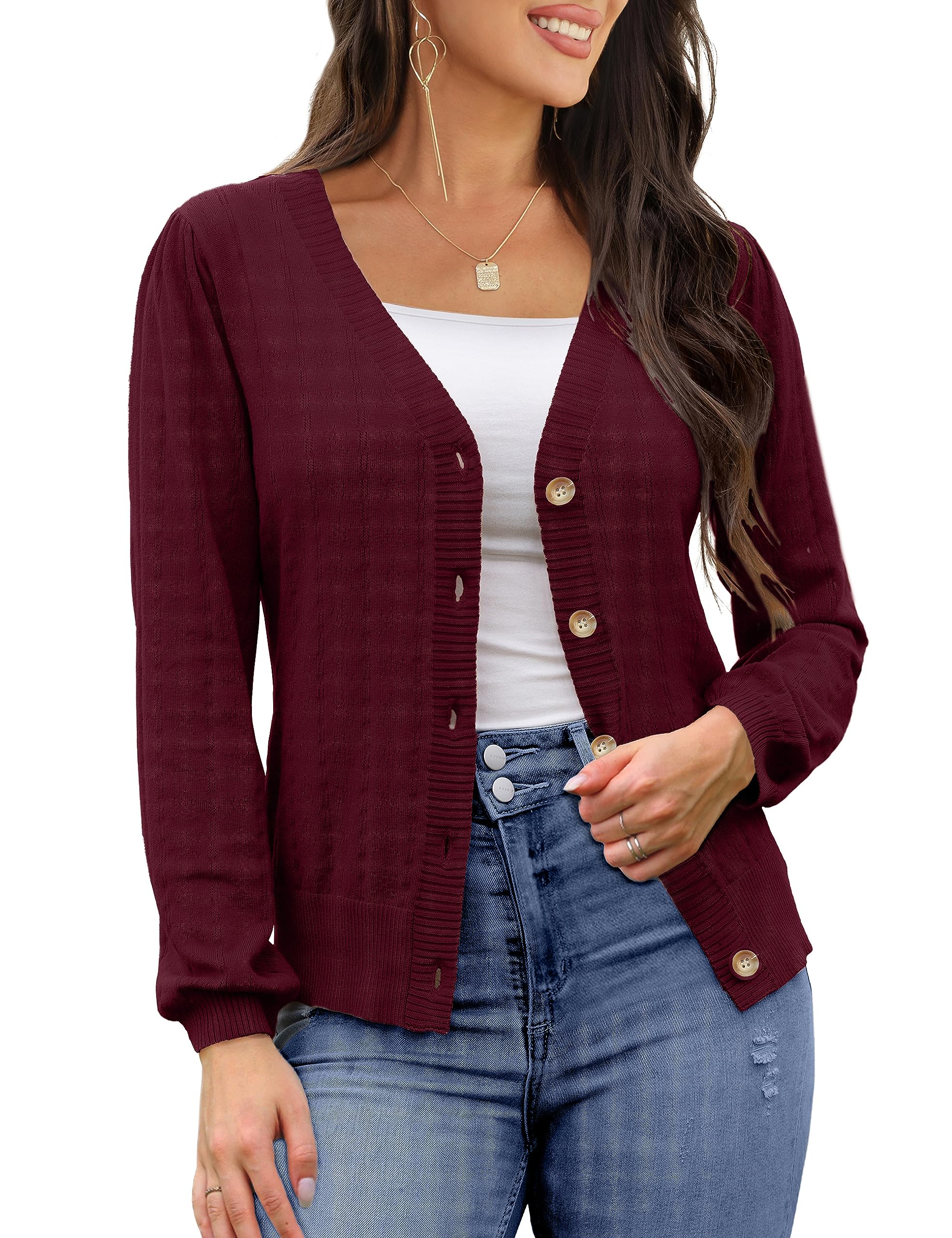 Red Hotype Women's Button Down V-Neck Cardigan Sweater - Casual Open Front Knitwear for Office, Date Night & Fall Layering