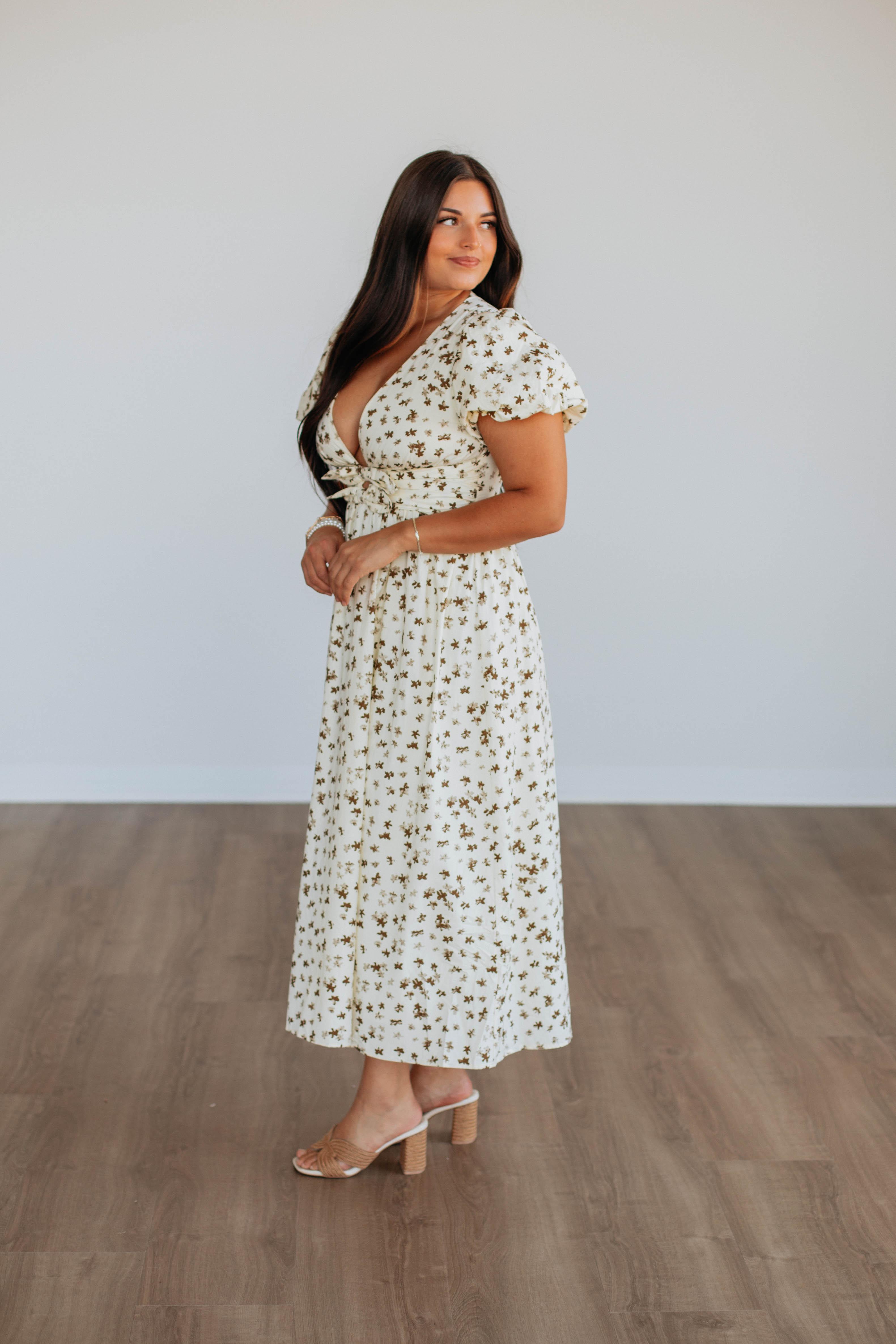 Ciana Floral Print Summer Dress for Women - Elegant Flowy Maxi Dress with V-Neck & Ruffle Sleeves - Perfect for Beach Vacations, Weddings & Date Nights
