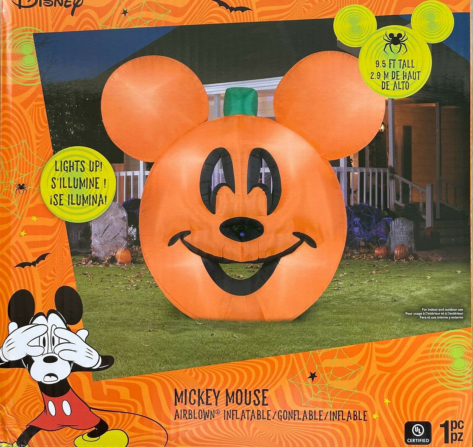 9.5' Gemmy Airblown Inflatable Disney Mickey Mouse Pumpkin Jack-O-Lantern Halloween Yard Decoration for Outdoor Party Decor