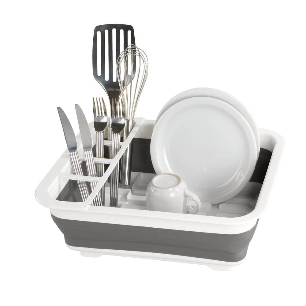 Collapsible Dish Rack - Space Saving Foldable Kitchen Drying Rack in White & Grey | Perfect for Small Apartments, RVs & Countertop Storage