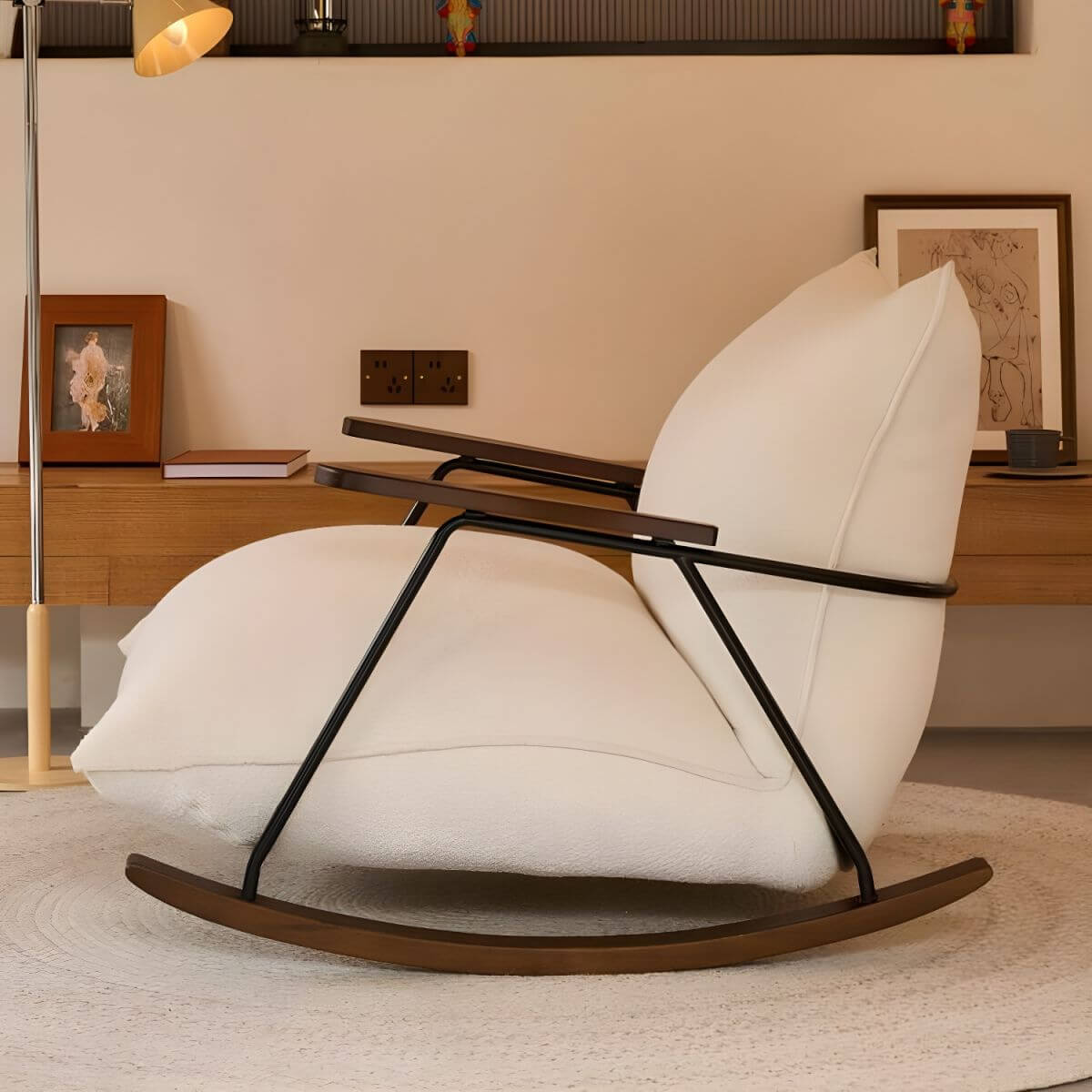 Modern Upholstered Rocking Chair with Brown Wood Legs & Spindle Back - Comfortable Indoor Nursery Glider for Living Room, Bedroom or Nursery - Perfect for Breastfeeding, Reading & Relaxing