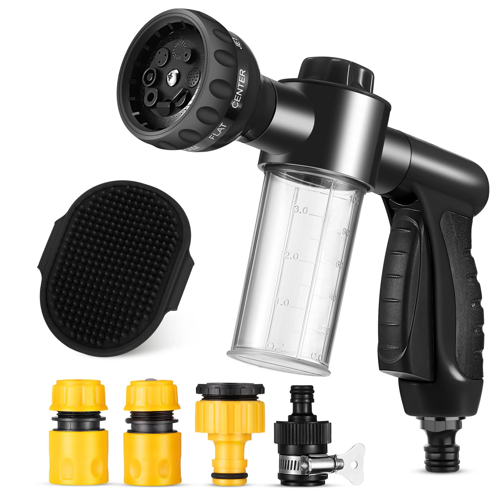 6-Piece Dog Grooming Kit with Hose Attachment & Soap Dispenser - Pet Bathing Brush Set Includes Comb for Dogs & Cats - Black (8.27 x 4.72 x 5.51 Inches) - Perfect for Home Pet Washing & Professional Grooming