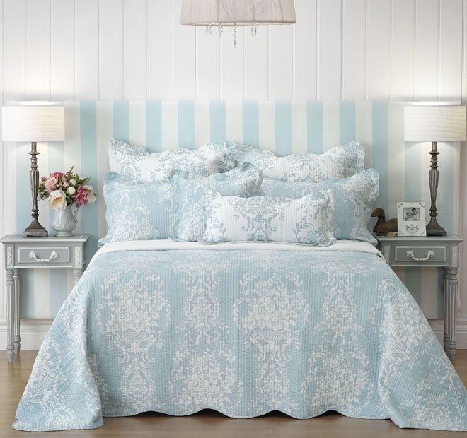 Bianca Florence Blue Bedspread Set - Queen Size Luxury Bedding for Master & Guest Rooms | Soft & Breathable Cotton Coverlet for All Seasons