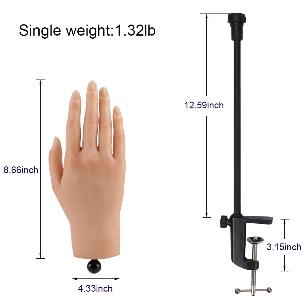 Acrylic Nail Practice Hand with Stand - Soft Silicone Mannequin Hand for Nail Art Training, Bendable Fake Hand for Beginners & Professionals - Perfect for Salon Practice & Home Nail Art DIY