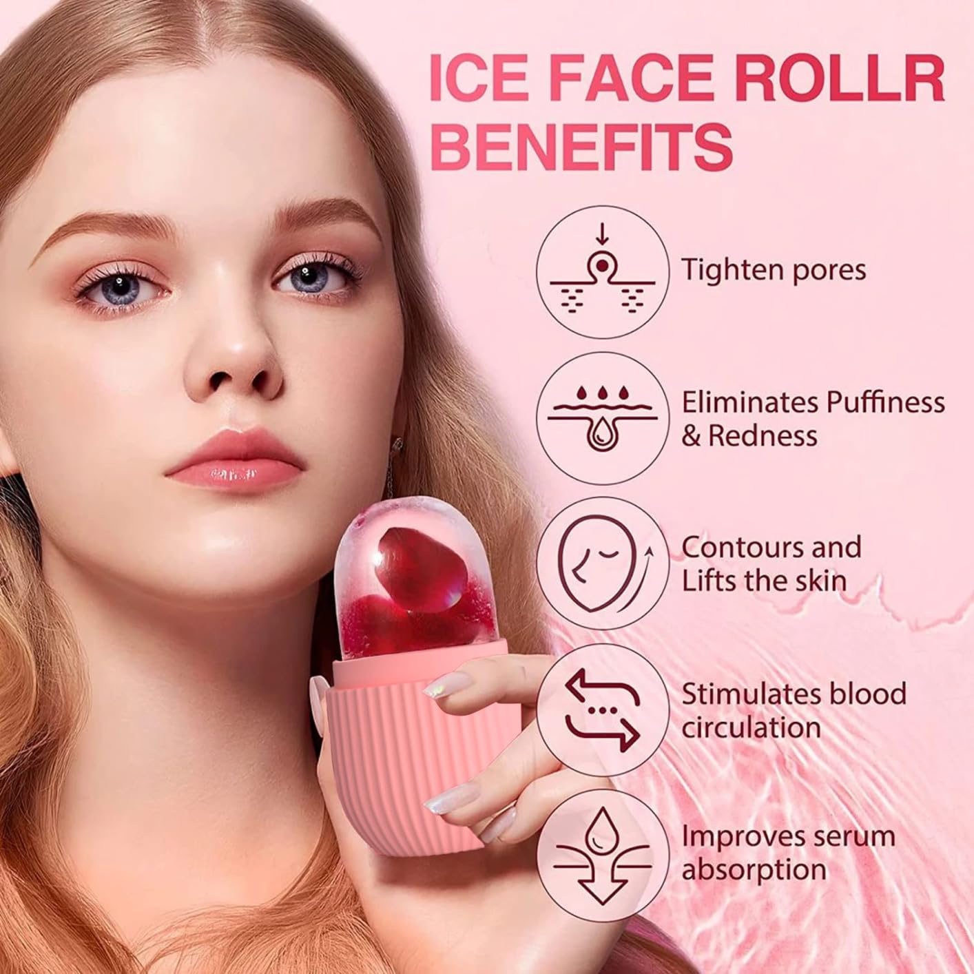 V VANTRA Ice Roller for Face - Cooling Face Massager for Men & Women | Reusable & Unbreakable Ice Cube Roller for Puffy Eyes, Glowing Skin & Facial Therapy | Perfect for Morning Routine, Post-Workout Recovery & Spa Day (Pink)
