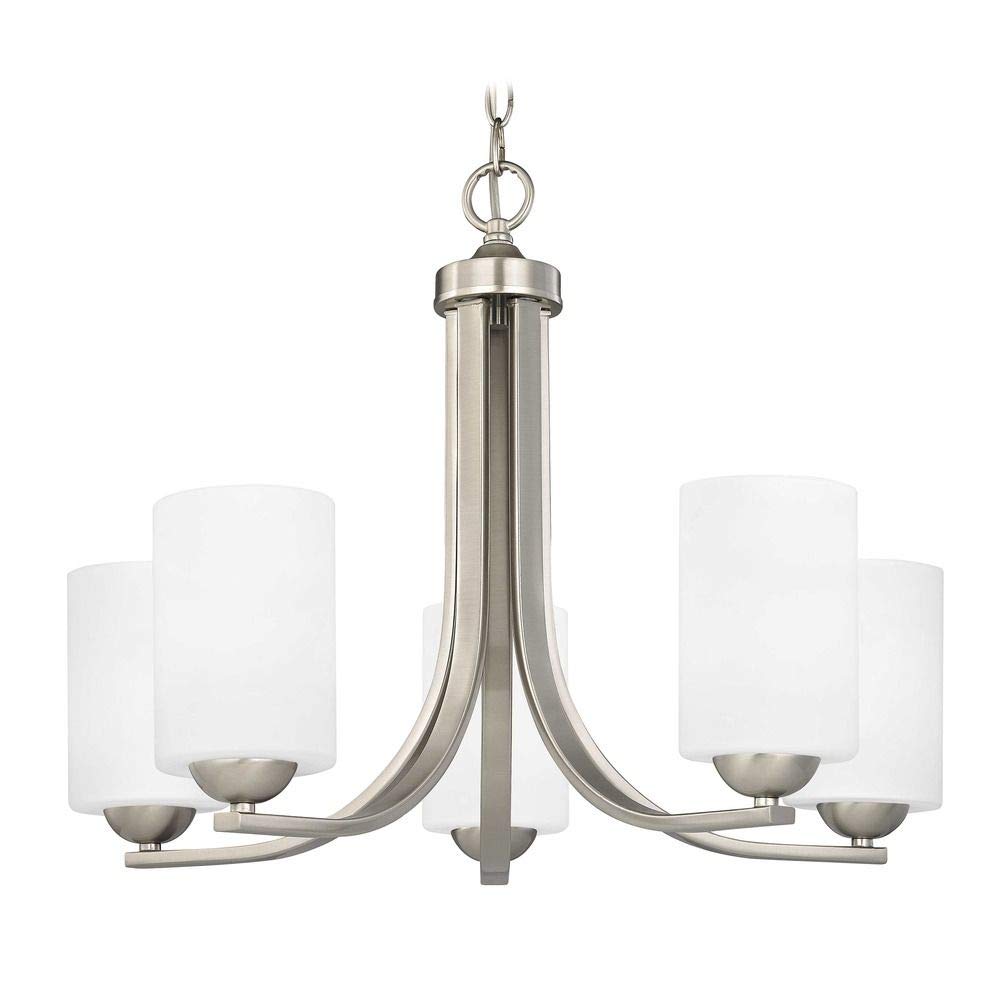 Elegant Satin Nickel Chandelier with White Cylinder Glass Shades - Modern Ceiling Light Fixture for Dining Room, Bedroom, or Living Room Decor