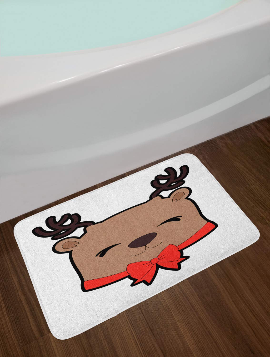 Ambesonne Christmas Bath Mat - Non-Slip Plush Bathroom Rug with Smiling Reindeer Head Design, 30x20 Inches, Pale Brown Vermilion - Perfect Holiday Decor for Bathroom, Kitchen or Entryway