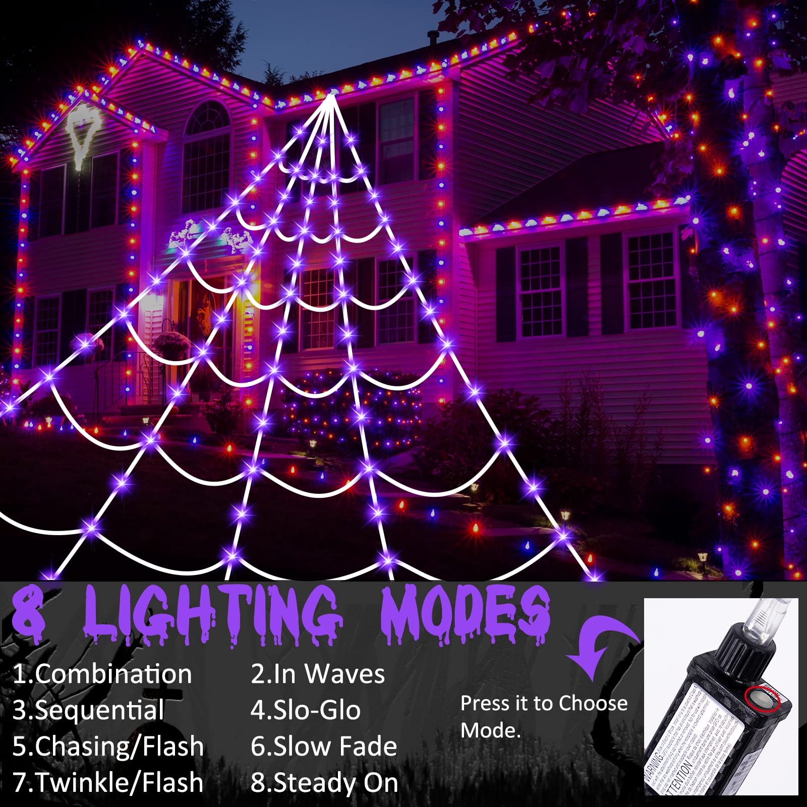 150 LED Halloween Spider Web Lights - 16.4 Ft Giant Lighted Web Decor with 8 Lighting Modes, Waterproof & Timer for Outdoor Indoor Yard, Haunted House, Party (Purple) | Perfect for Halloween Decorations, Garden Lighting, and Spooky Themed Events