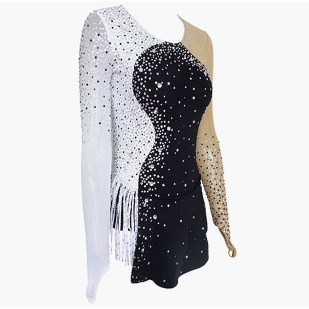 Elegant Black & White Figure Skating Dress for Adults & Kids - Long Sleeve Competition Costume with Sewing Patterns | Perfect for Ice Skating Performances & Winter Sports Events