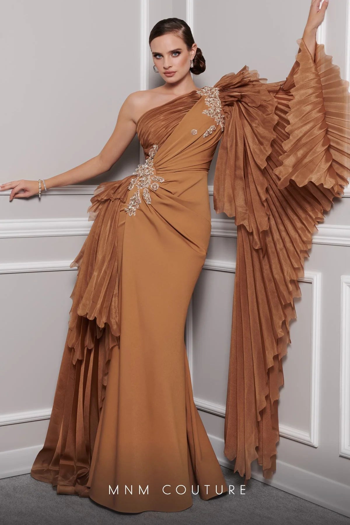 Ariane One Shoulder Long Sleeve Organza Evening Gown - MNM Couture F02801 | Elegant Prom Dress, Wedding Guest Gown & Formal Party Wear