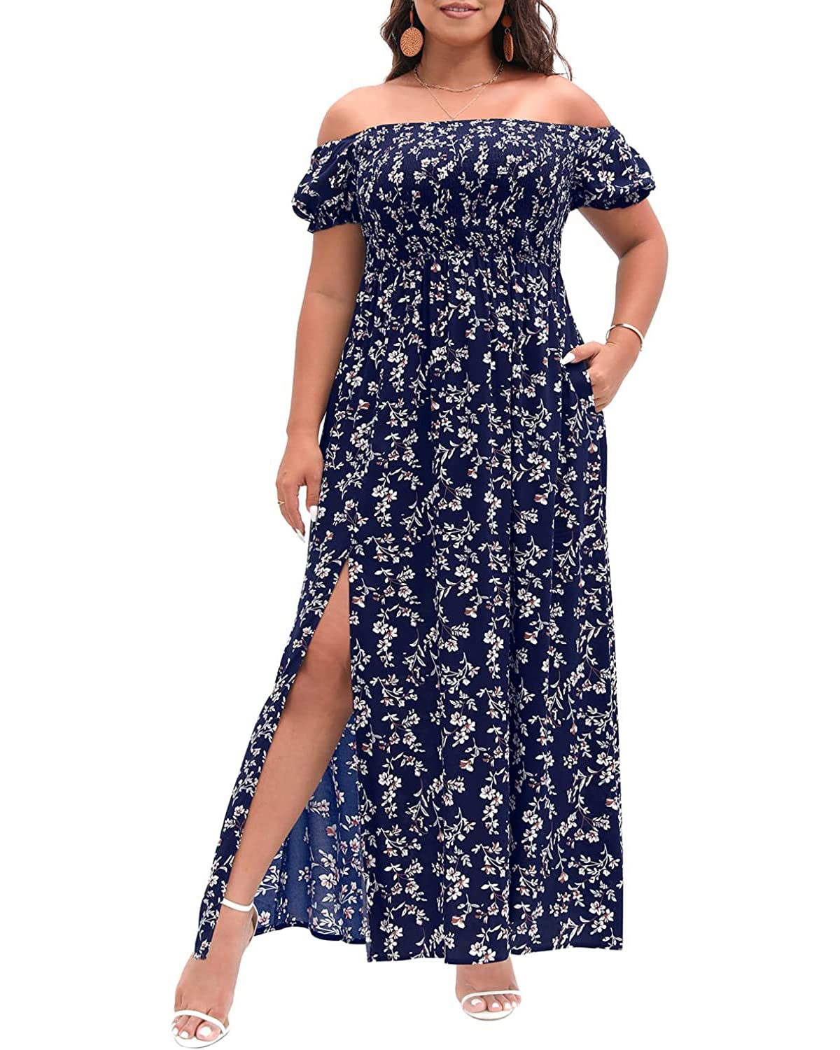 Plus Size Summer Dresses for Women - Floral Boho Casual Off Shoulder Long Maxi Dress with Pockets | Beach Vacation, Outdoor Date, Party Wear