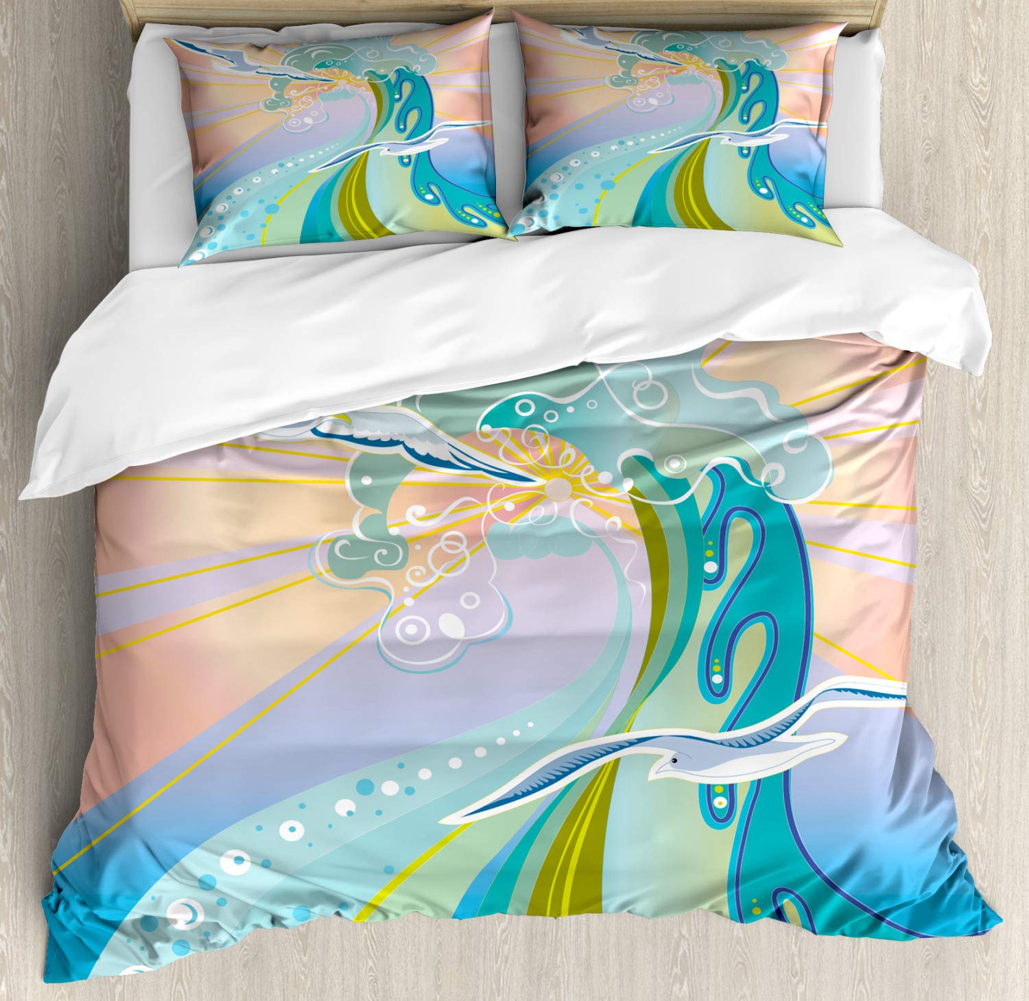 Ambesonne Modern Duvet Cover Set - Cartoon Waves, Birds & Sunset Foam Design, 3-Piece Queen Size Bedding with Pillow Shams | Multicolor Coastal Themed Decor for Beach House, Guest Room & Boho Chic Bedroom