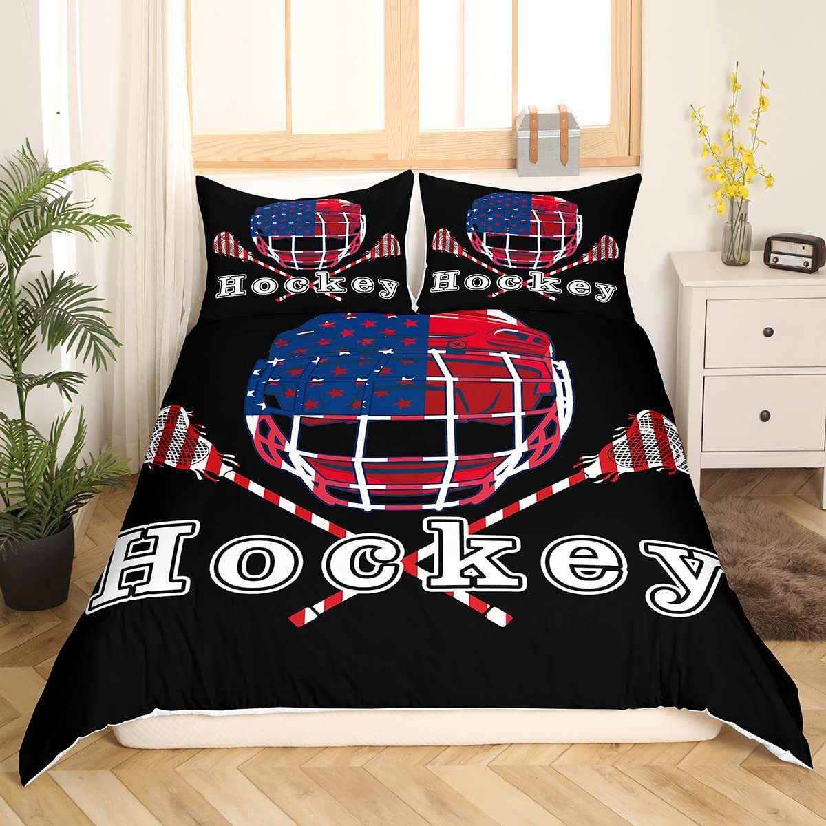 Feelyou Hockey Bedding Set - American Flag Hockey Duvet Cover for Kids & Teens - Soft Microfiber Sports Theme Comforter Cover with Pillowcase (Twin Size) - Perfect for Boys & Girls Bedrooms, Game Rooms, and Hockey Fan Gifts
