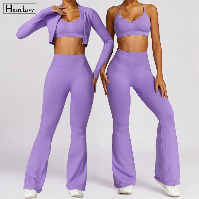 2 Pcs Women's Workout Set - Flared Yoga Pants & Long Sleeve Top - Quick Dry Gym Clothes for Women - Perfect for Yoga, Pilates & Fitness Training