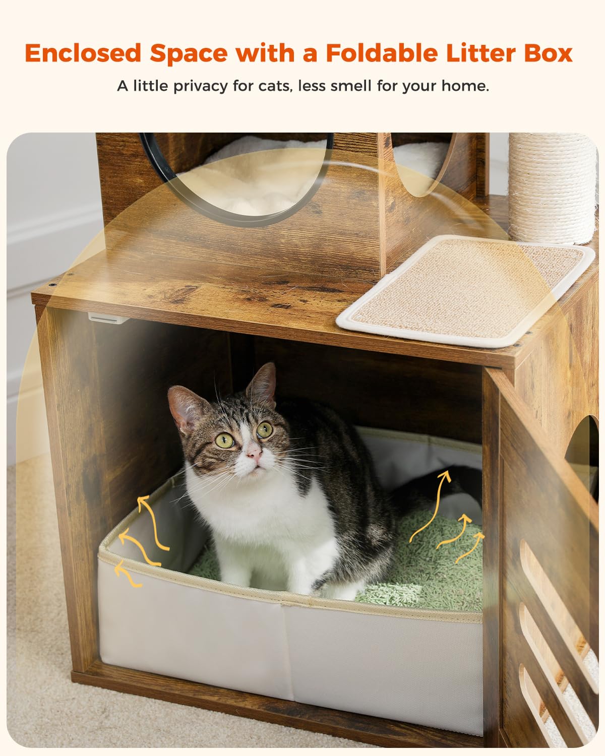 Premium MUTTORS Cat Tree Floor to Ceiling - Adjustable Height 90.6-110.2 Inch Cat Tower with 6 Tiers, Scratching Post & Litter Box Enclosure - Modern Rustic Brown Cat Condo for Indoor Cats - Perfect for Small Spaces & Multi-Cat Homes