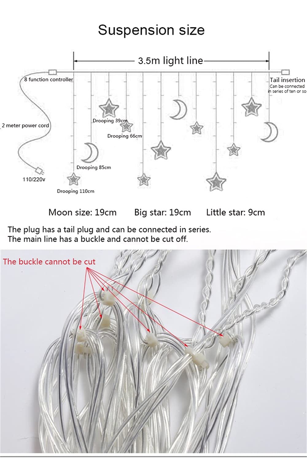 LED Fairy Lights & Moon Star String Lights - Waterproof 8 Modes Curtain Lights for Window, Fireplace, Garden, Patio - Perfect for Christmas Decorations, Eid Celebrations & Home Ambiance Lighting