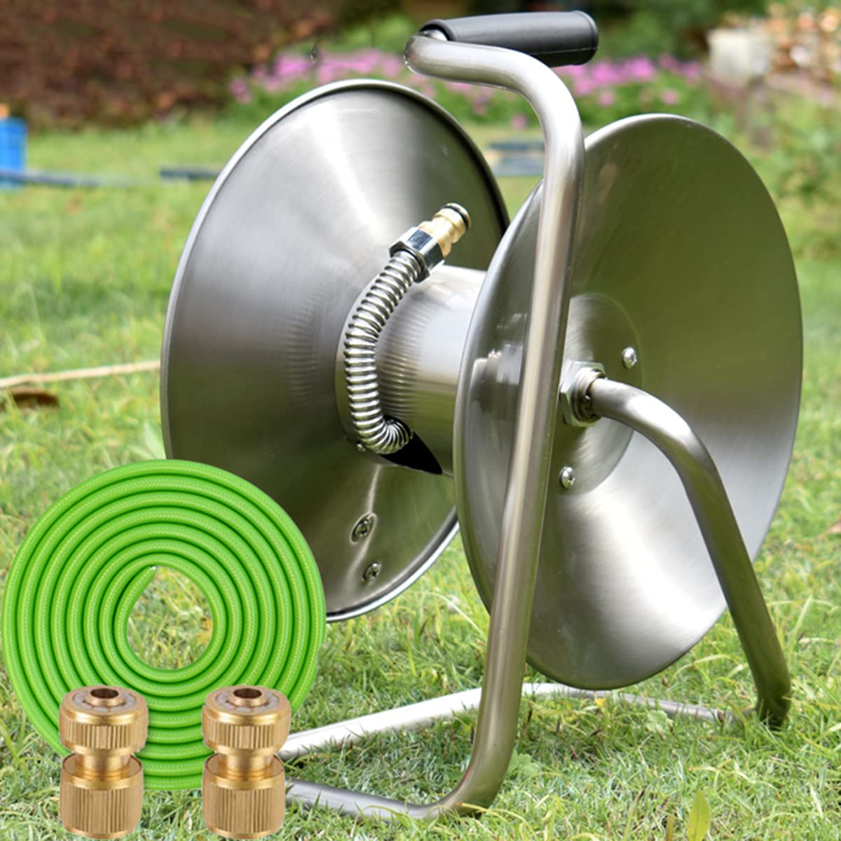 Ambayz 50Ft 1/2 Inch Retractable Garden Hose Reel with Crank - Heavy Duty Stainless Steel Hose Holder for Outdoor Garden, Yard, and Lawn Watering - Perfect for Car Washing, Plant Irrigation, and Outdoor Cleaning