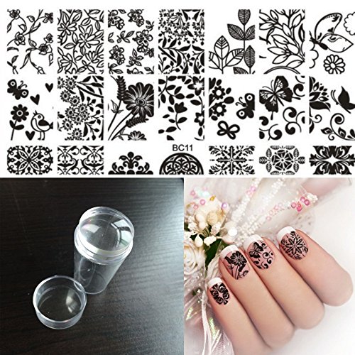 DIY Nail Art Stamping Kit - Flower Polish Beauty Image Plate, BC12 Stamping Stamper & Clear Jelly Silicone Scraper with Cap | Professional Manicure Tools for Salon & Home Nail Designs