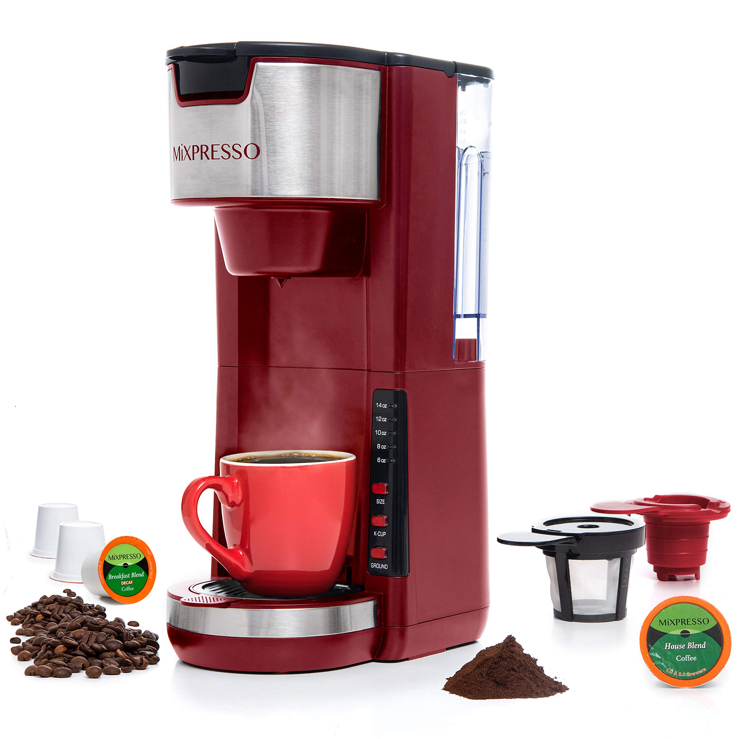 Mixpresso Single Serve Coffee Maker - Compact 30oz K-Cup & Ground Coffee Brewer with 5 Brew Sizes (Up to 14oz), Adjustable Drip Tray, Travel Mug Compatible - Perfect for Home, Office, and Travel (Red)