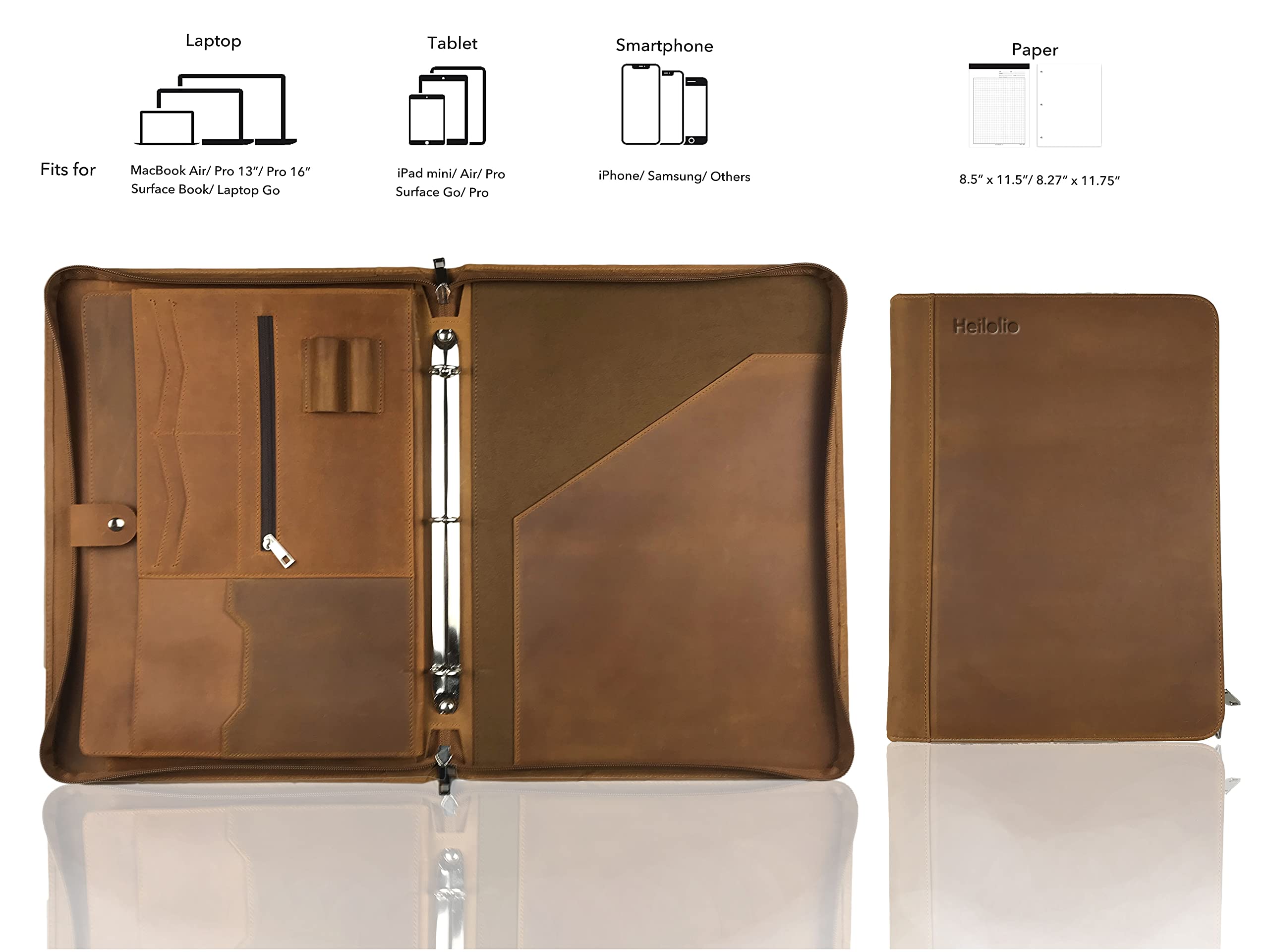 Premium Genuine Leather Portfolio for Men & Women - Personalized 3-Ring Zipper Binder with A4/Legal Pad Holder - Fits 13