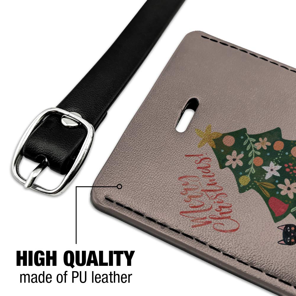 Christmas Tree with Cat Design Rectangle Leather Luggage Tag - Durable Carry-On ID Tag for Suitcases, Backpacks & Travel Bags - Perfect Gift for Cat Lovers & Holiday Travelers