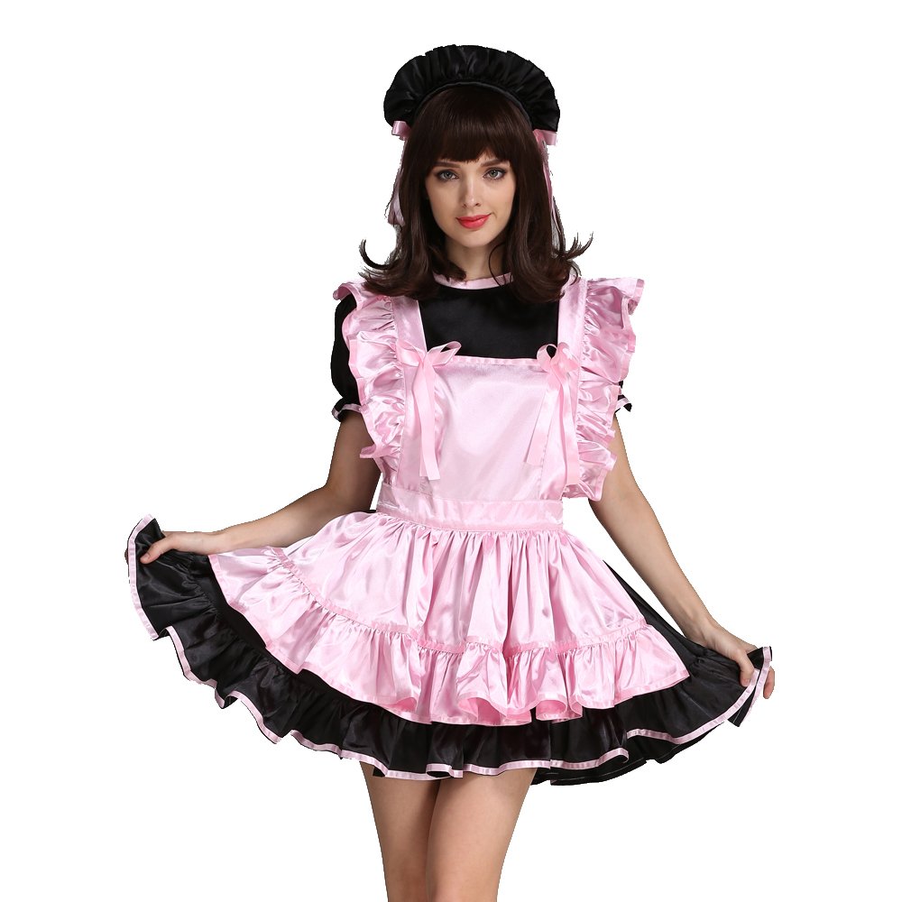 Sexy Women's Maid Costume - Pink & Black Satin Dress Uniform for Cosplay, Halloween, and Role Play - Perfect for Parties, Crossdressing, and Themed Events